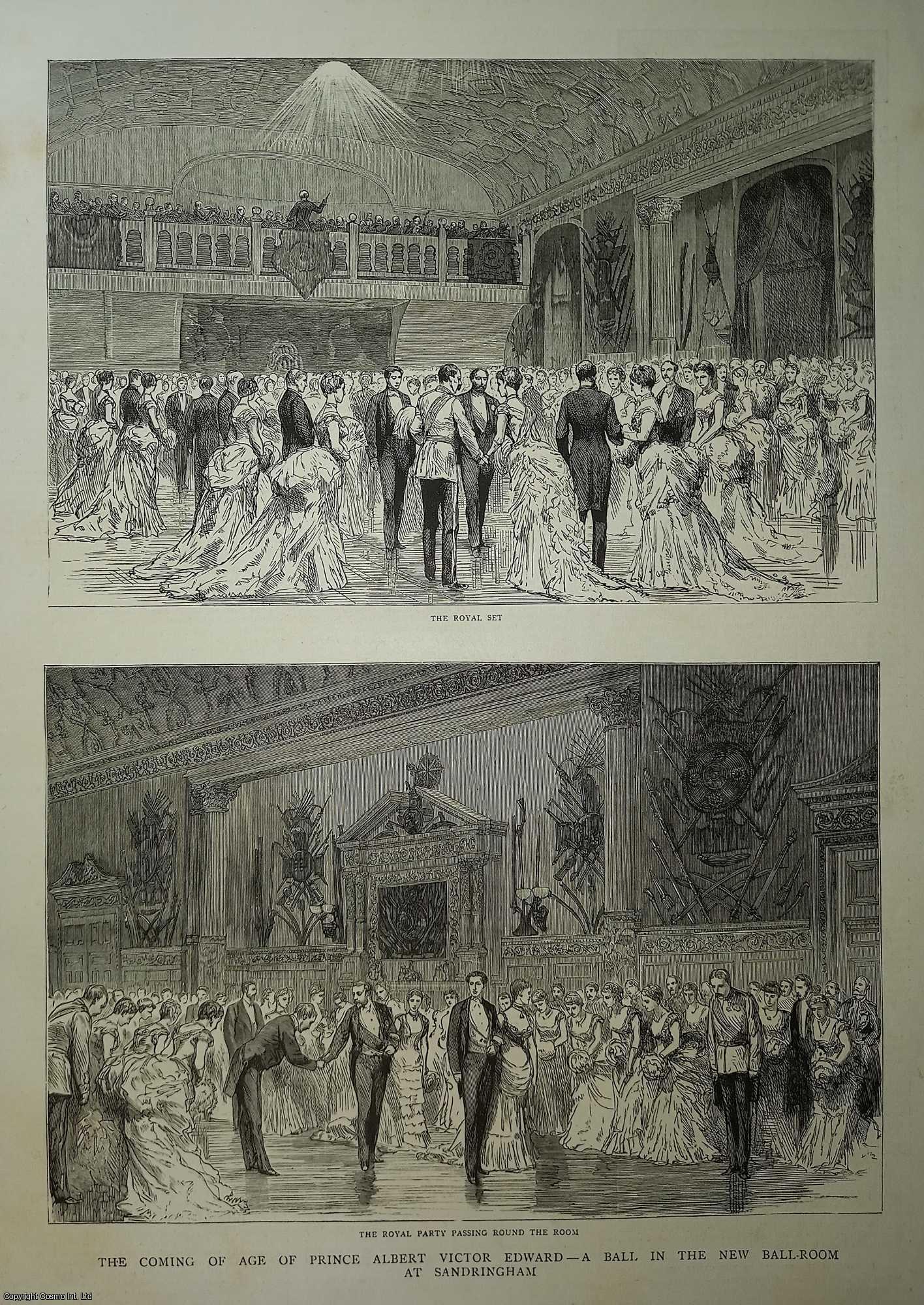 British Royal Family - The Coming of Age of Prince Albert Victor Edward. A Ball in the new Ball Room at Sandringham. An original print from the Graphic Illustrated Weekly Magazine, 1885.
