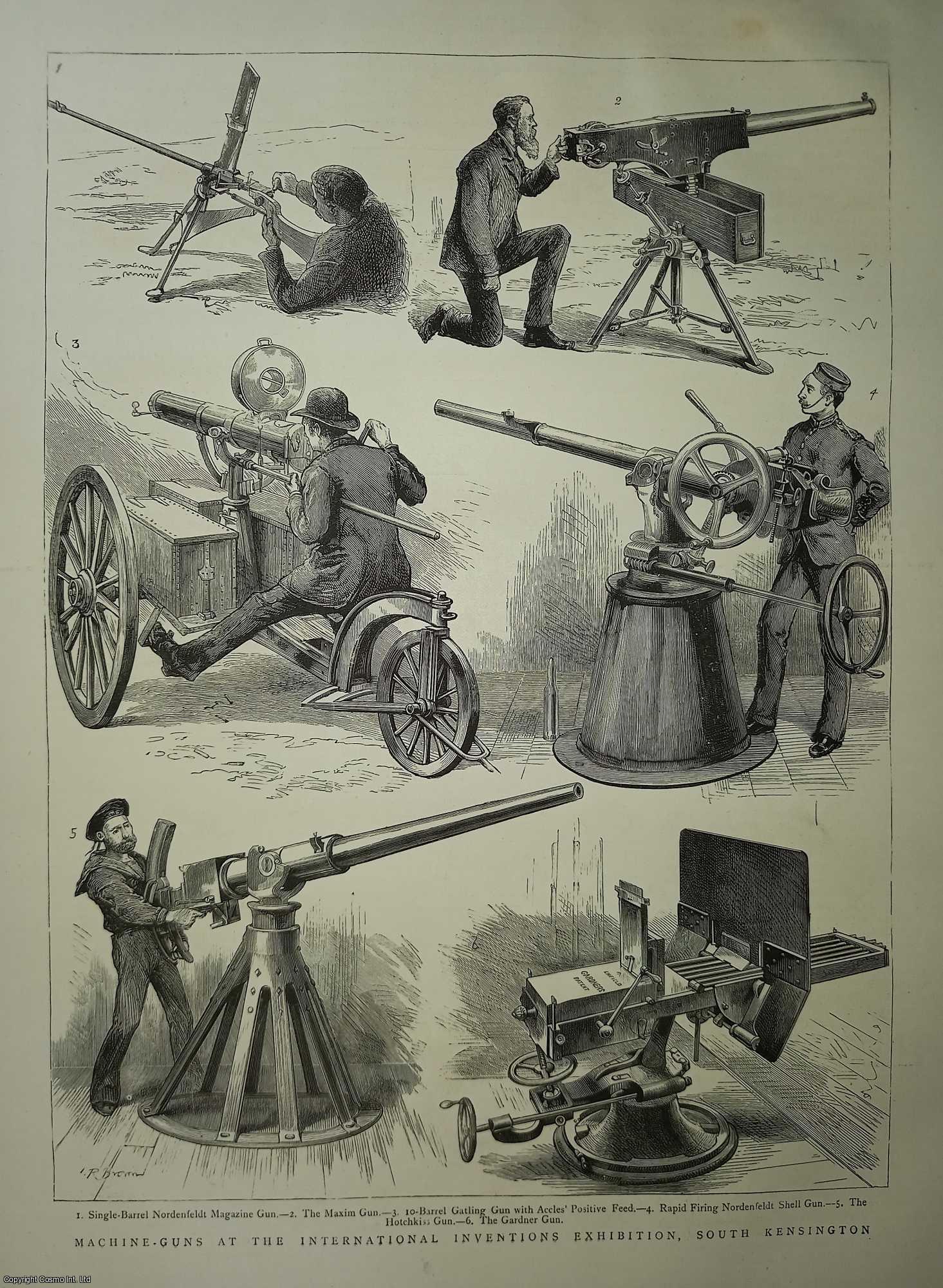 Guns - Machine Guns at the International Inventions Exhibition, South Kensington. Six illustrations of machine guns; an original print from the Graphic Illustrated Weekly Magazine, 1885.