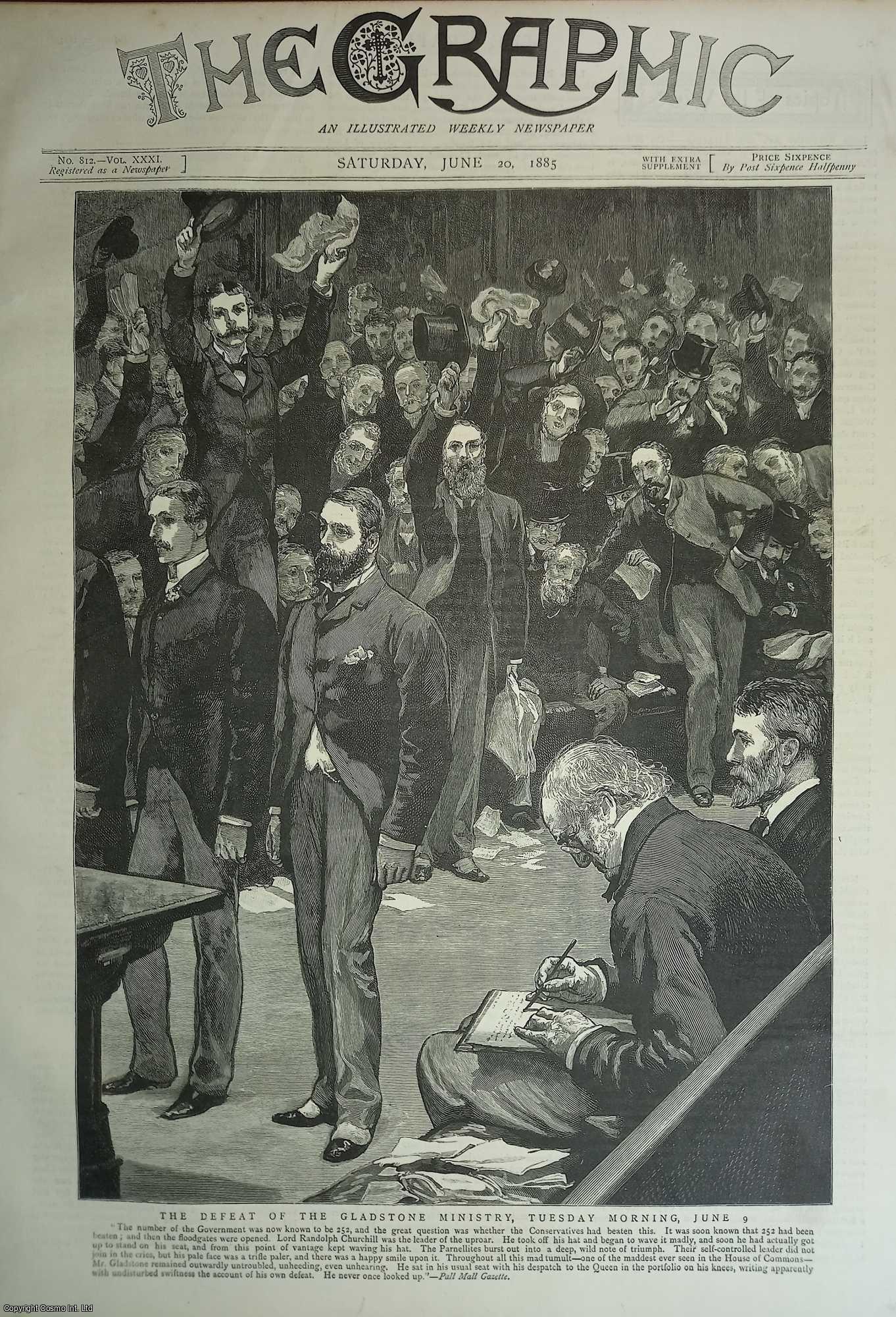 Gladstone - The Defeat of the Gladstone Ministry, June 1885. Two original prints from the Graphic Illustrated Weekly Magazine, 1885.