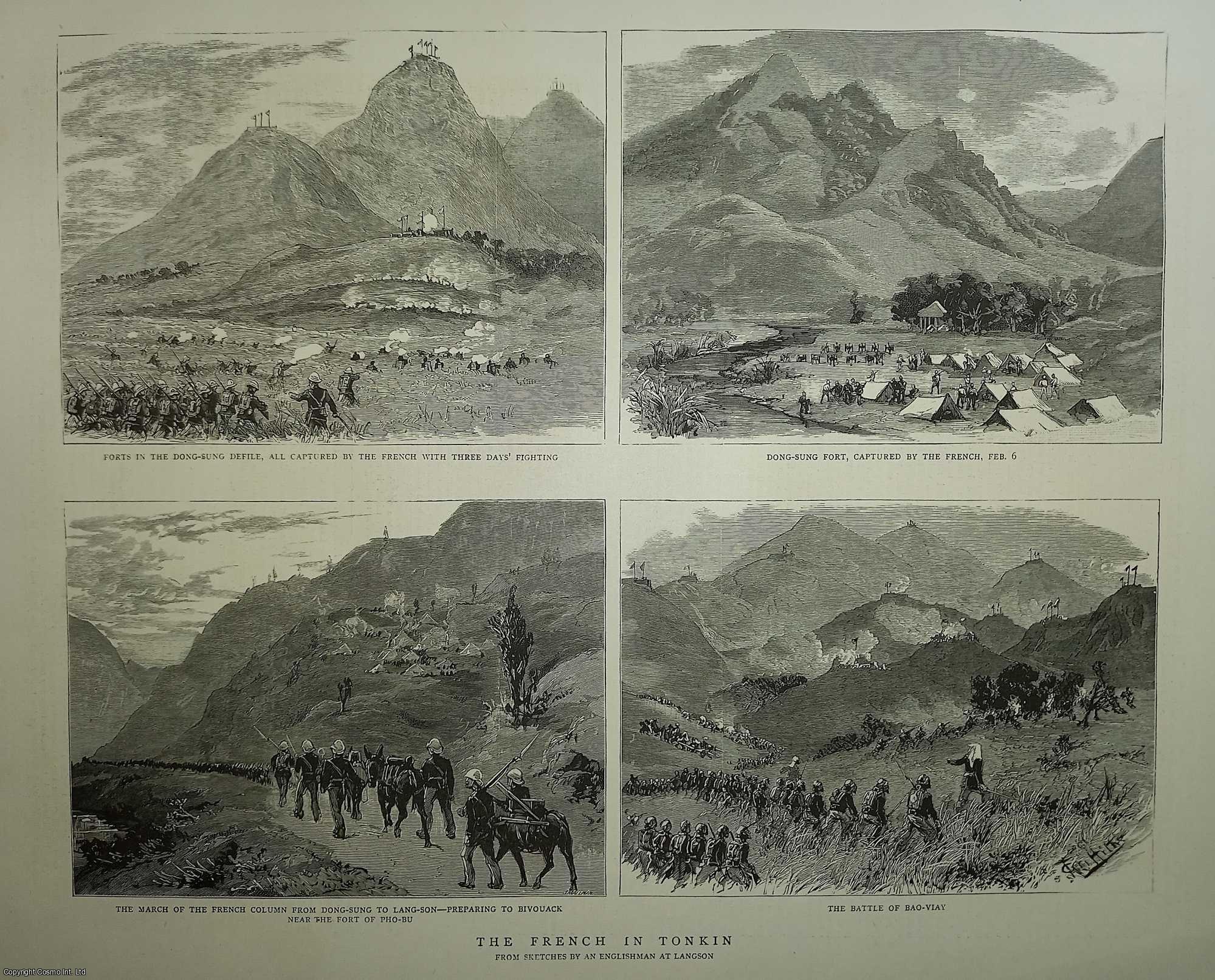 Vietnam Tonkin Campaign - The French in Tonkin, from sketches by an Englishman at Langson. An original print, featuring four scenes, from the Graphic Illustrated Weekly Magazine, 1885.