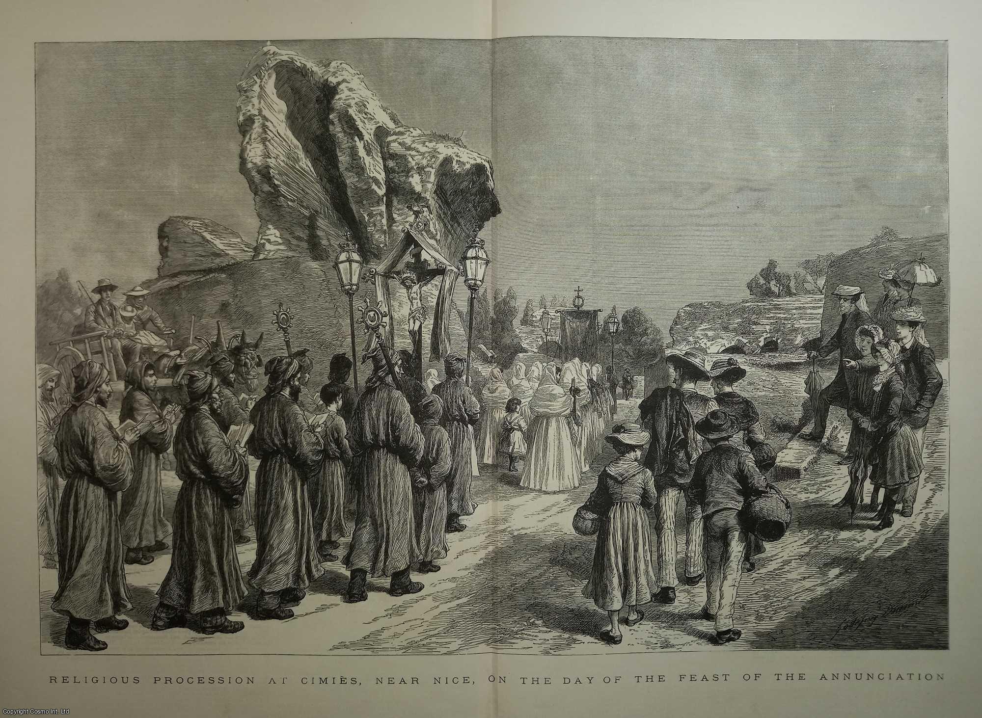 Religious Festival - Religious Procession at Cimies, near Nice, on the Day of the Feast of the Annunciation. An original print from the Graphic Illustrated Weekly Magazine, 1885.