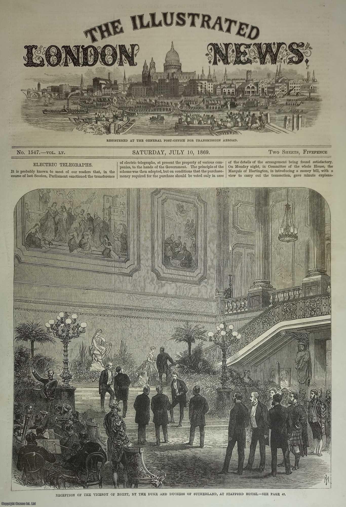 VICEROY OF EGYPT - Reception of the Viceroy of Egypt, by the Duke and Duchess of Sutherland, at Stafford House. An original woodcut engraving from the Illustrated London News, 1869.