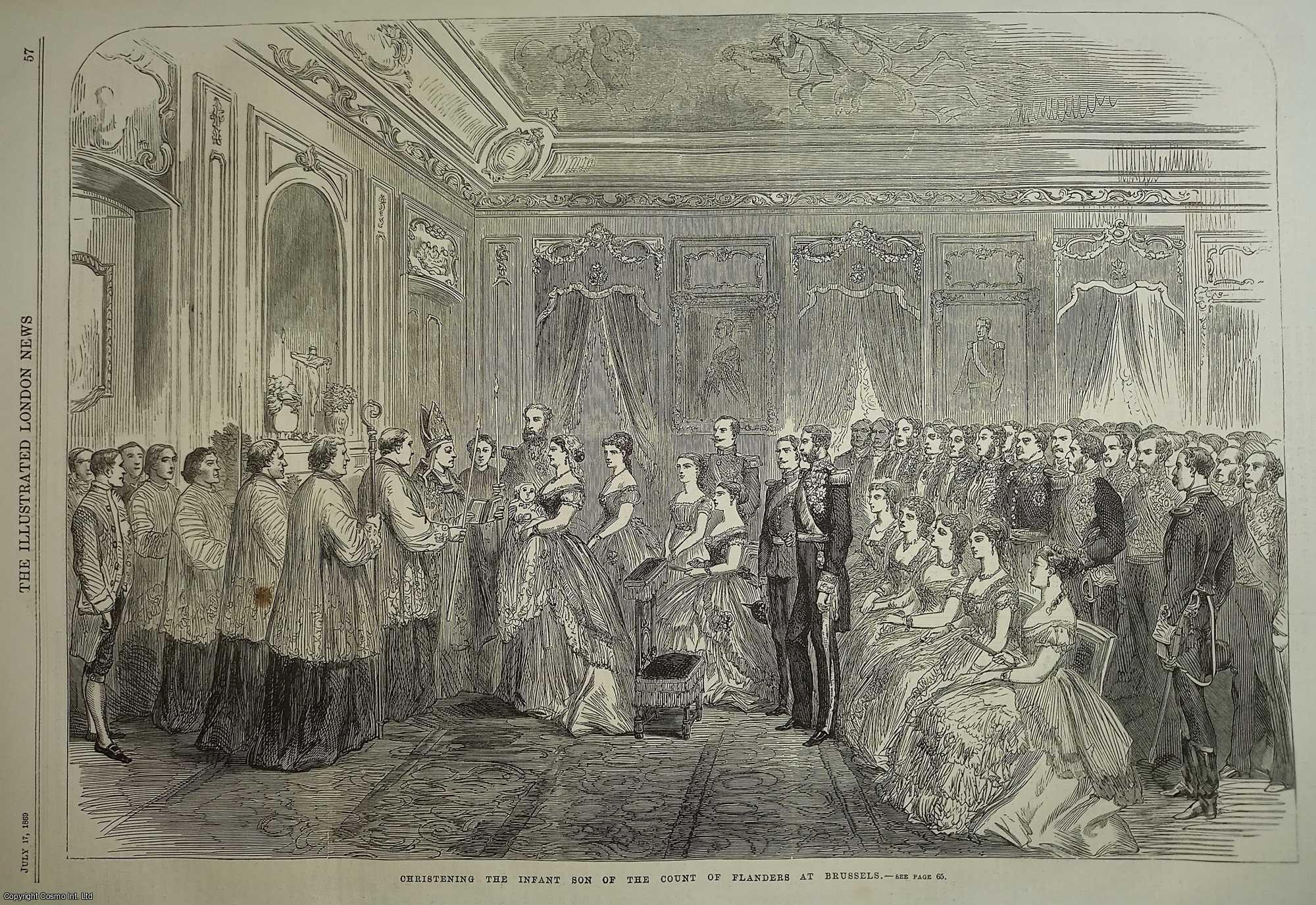 COMTE DE FLANDRES - The Christening of the son of the Comte de Flandres, brother of King Leopold II, at Brussels. An original woodcut engraving from the Illustrated London News, 1869.