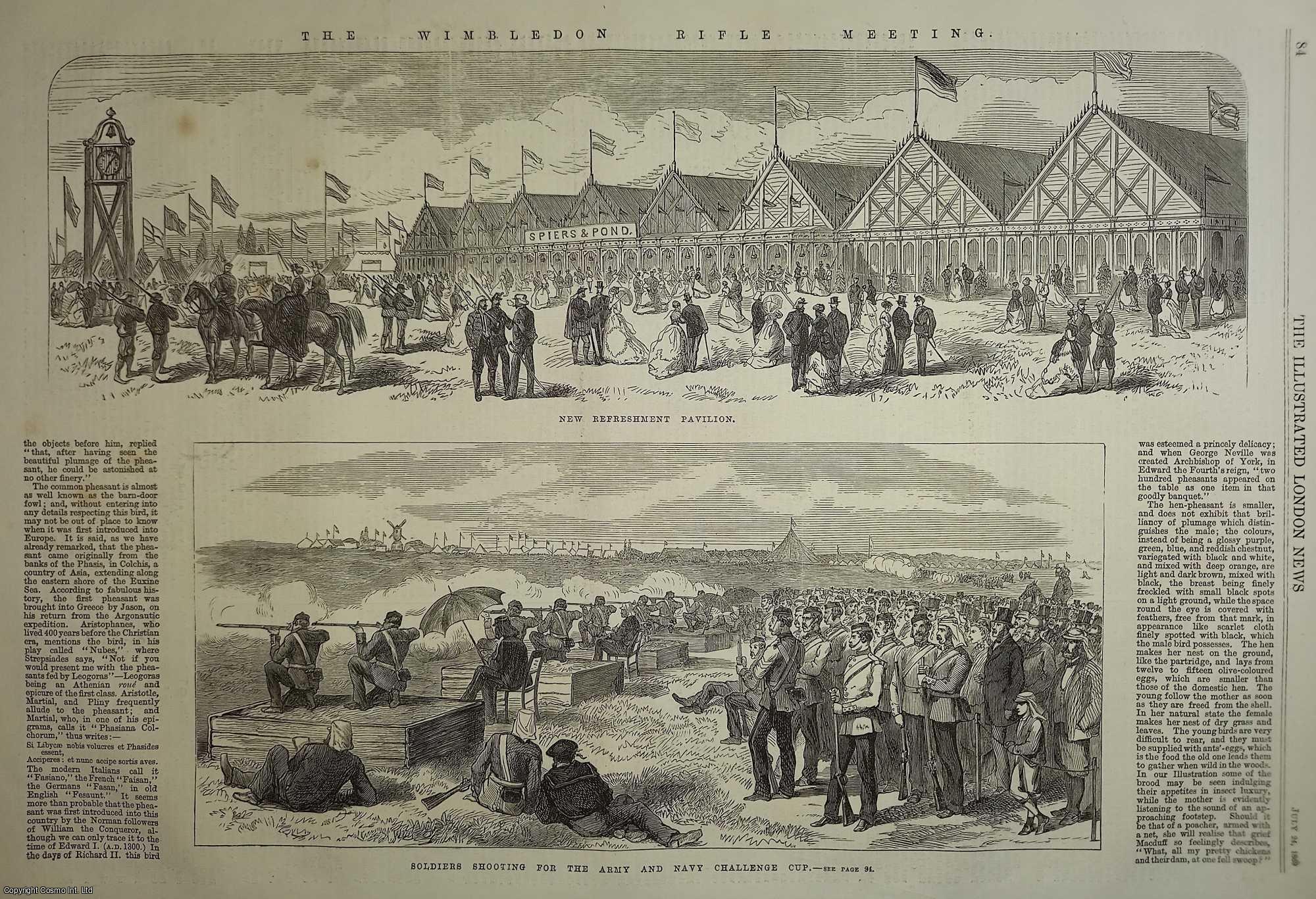 NATIONAL RIFLE ASSOCIATION - Soldiers Shooting for the Army and Navy Challenge Cup, and the New Refreshment Pavilion. An original woodcut engraving from the Illustrated London News, 1869.