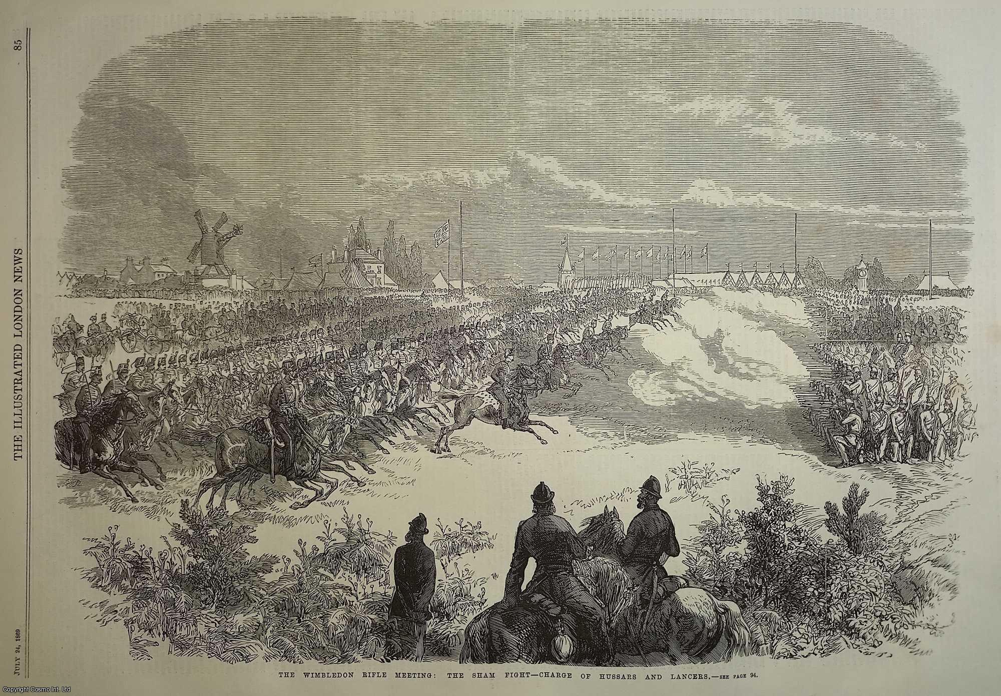 NATIONAL RIFLE ASSOCIATION - The Wimbledon Rifle Meeting: The Sham Fight, Charge of Hussars and Lancers. An original woodcut engraving from the Illustrated London News, 1869.