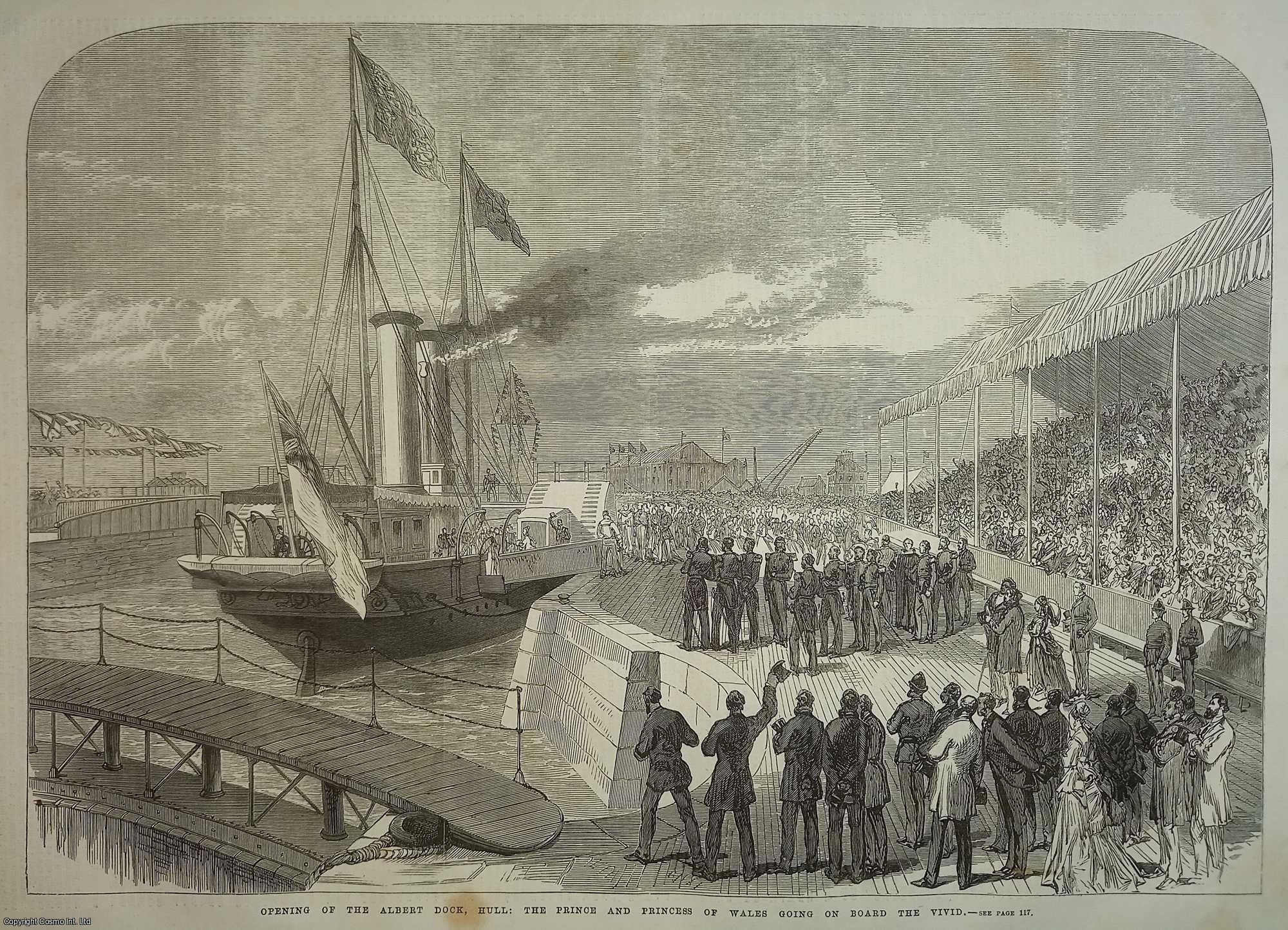 HULL - Opening of the Albert Dock, Hull: The Prince and Princess of wales Going on Board The Vivid. An original woodcut engraving from the Illustrated London News, 1869.