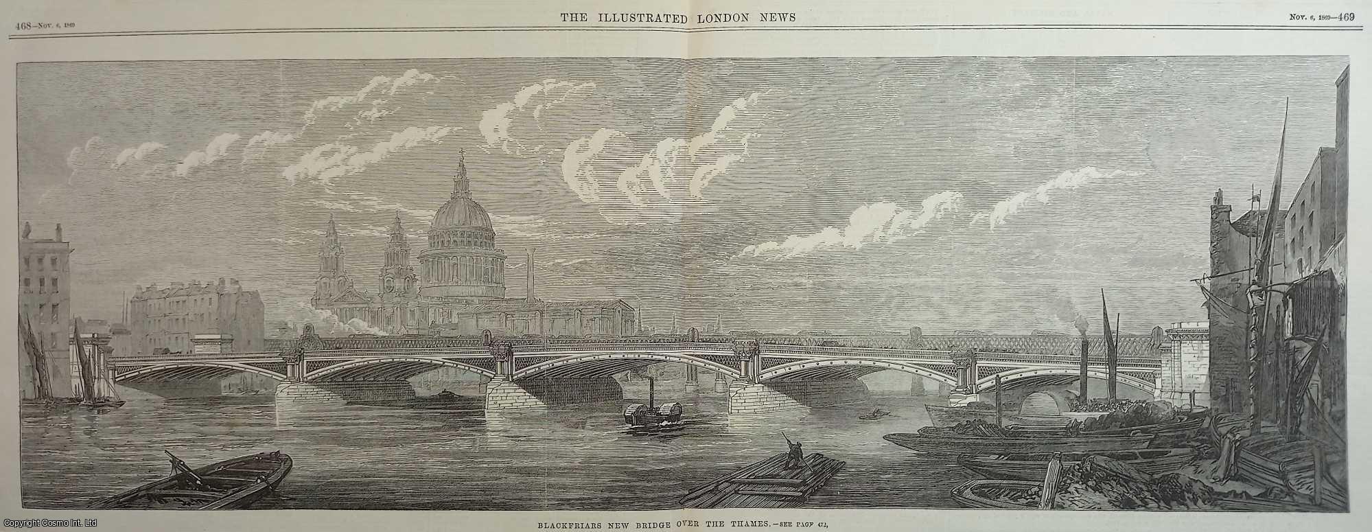 BLACKFRIARS NEW BRIDGE - Queen Victoria Opening Blackfriars New Bridge. An original woodcut engraving from the Illustrated London News, 1869.