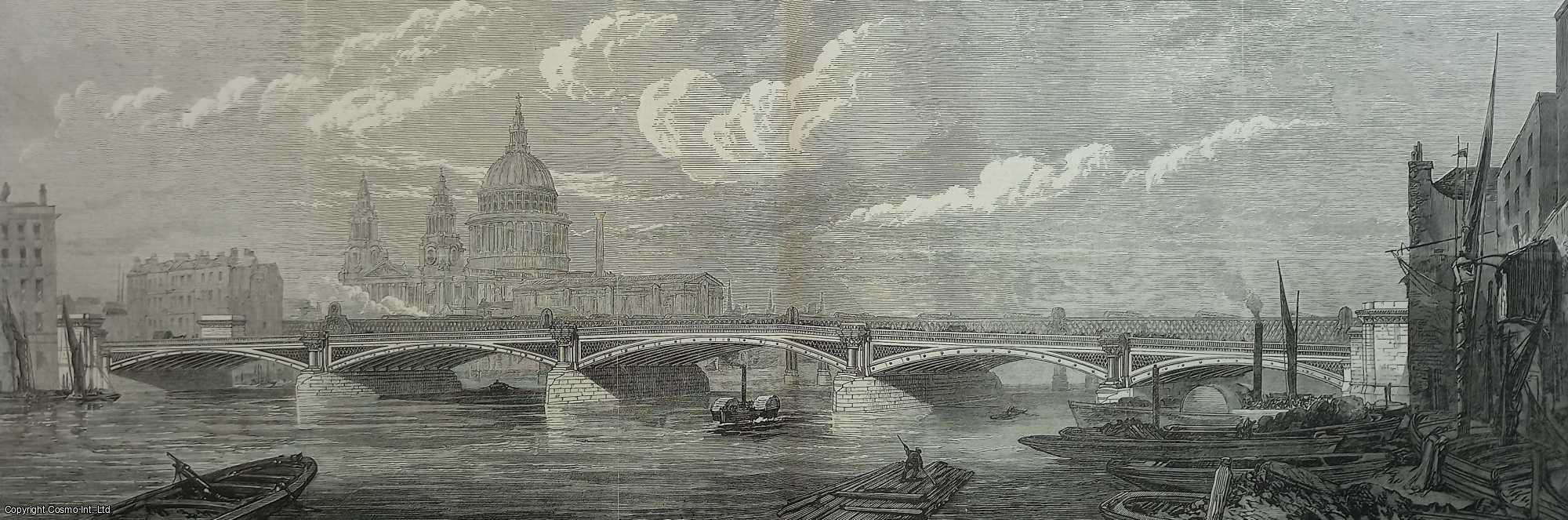 BLACKFRIARS NEW BRIDGE - Blackfriars New Bridge over the Thames, and One of the Piers of Blackfriars New Bridge. Two original woodcut engravings from the Illustrated London News, 1869.