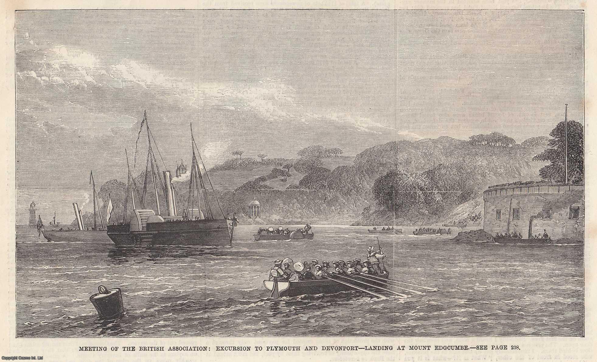 MEETING OF THE BRITISH ASSOCIATION - Excursion to Plymouth and Devonport, landing at Mount Edgcumbe. Meeting of the British Association at Exeter. An original woodcut engraving from the Illustrated London News, 1869.
