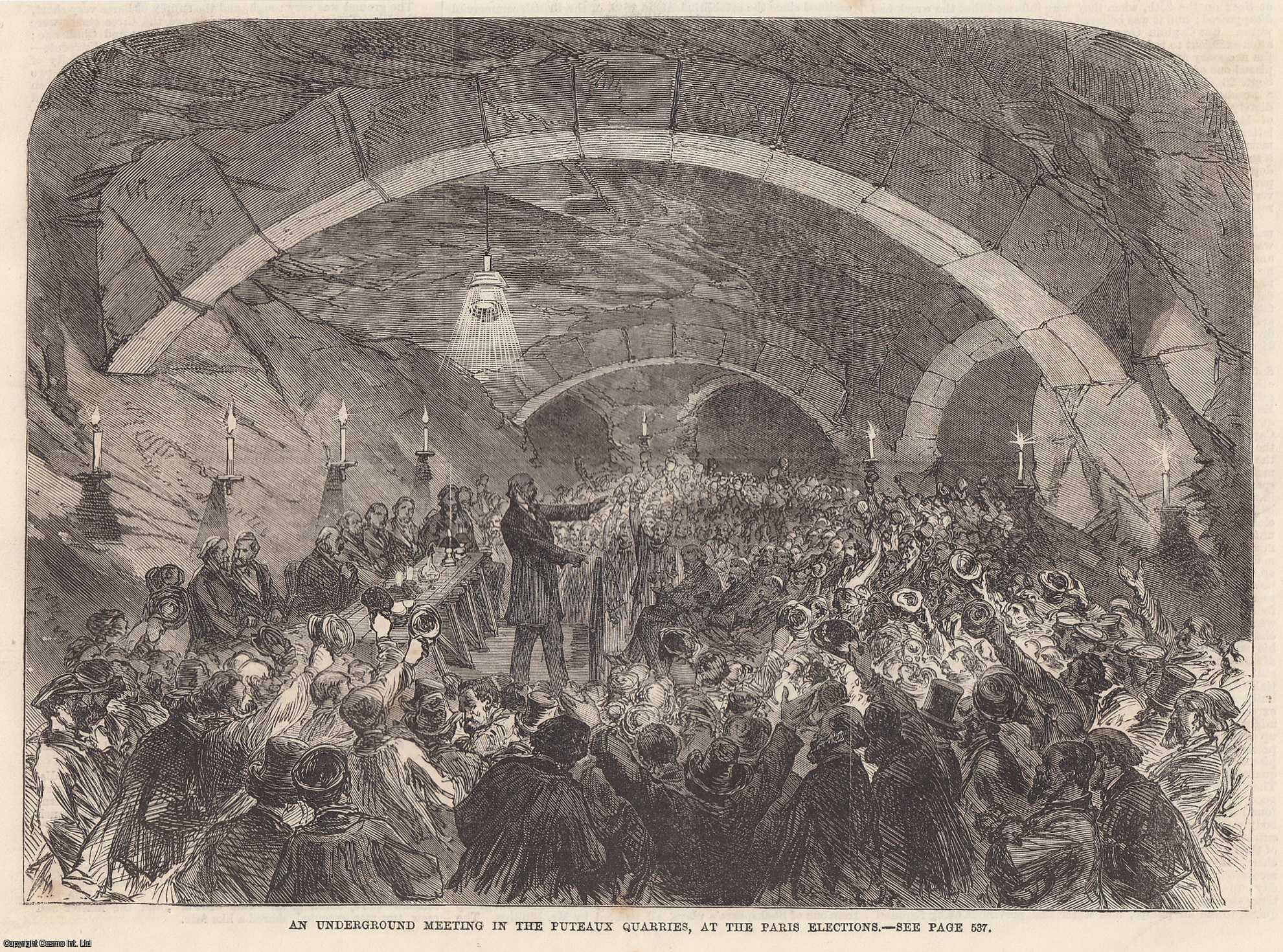 PARIS - An Underground Meeting in the Puteaux Quarries, at the Paris Elections. An original woodcut engraving from the Illustrated London News, 1869.