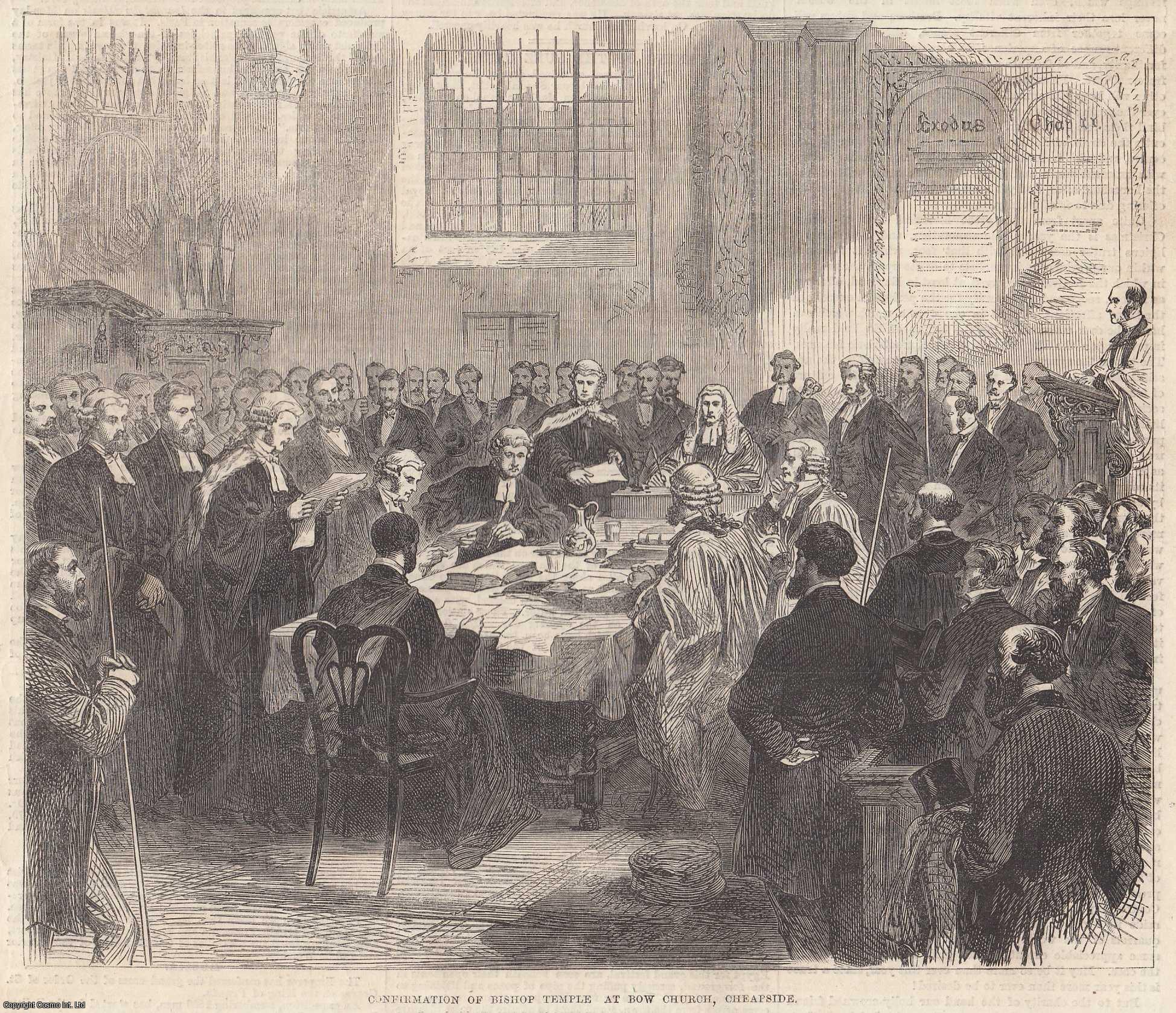 CHURCH - Confirmation of Bishop Temple at Bow Church, Cheapside. An original woodcut engraving from the Illustrated London News, 1869.
