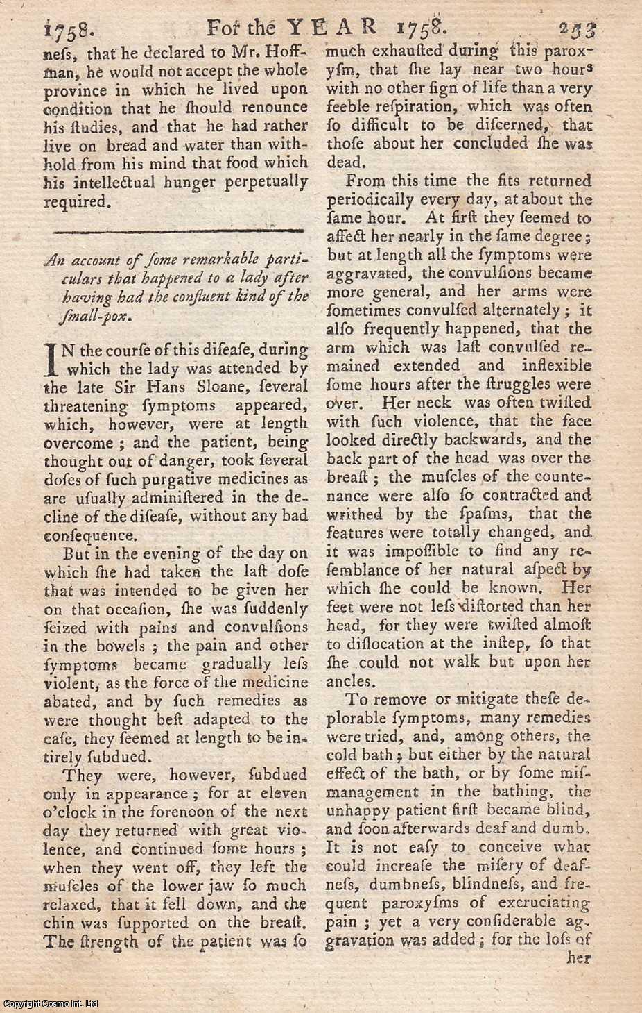 Edmund Burke - [Smallpox]. An account of some remarkable particulars that happened to a lady after having had the confluent kind of the small-pox. An original article from the Annual Register for 1758.