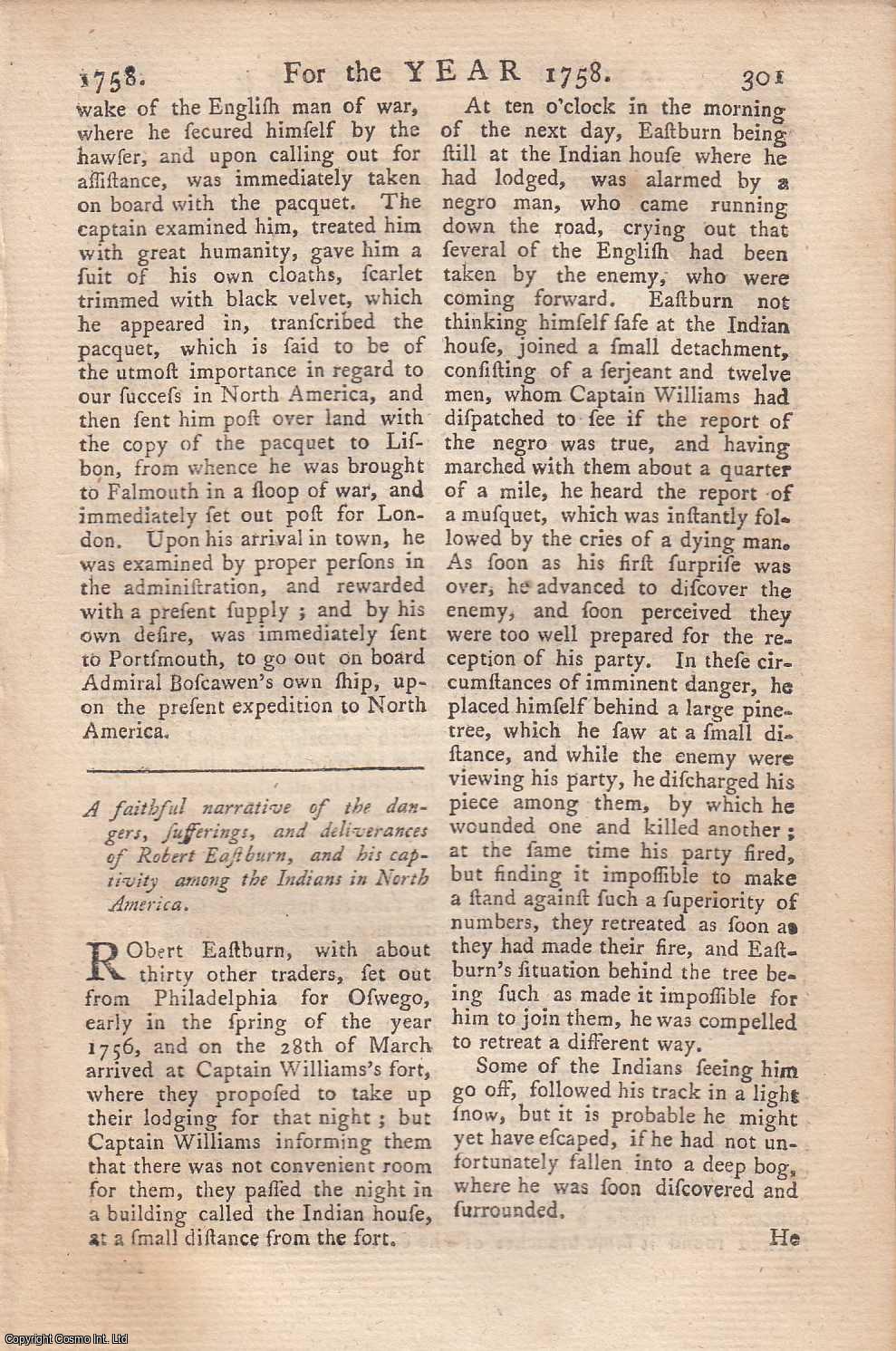 Edmund Burke - A faithful narrative of the dangers, sufferings, and deliverances of Robert Eastburn, and his captivity among the Indians in North America. An original article from the Annual Register for 1758.