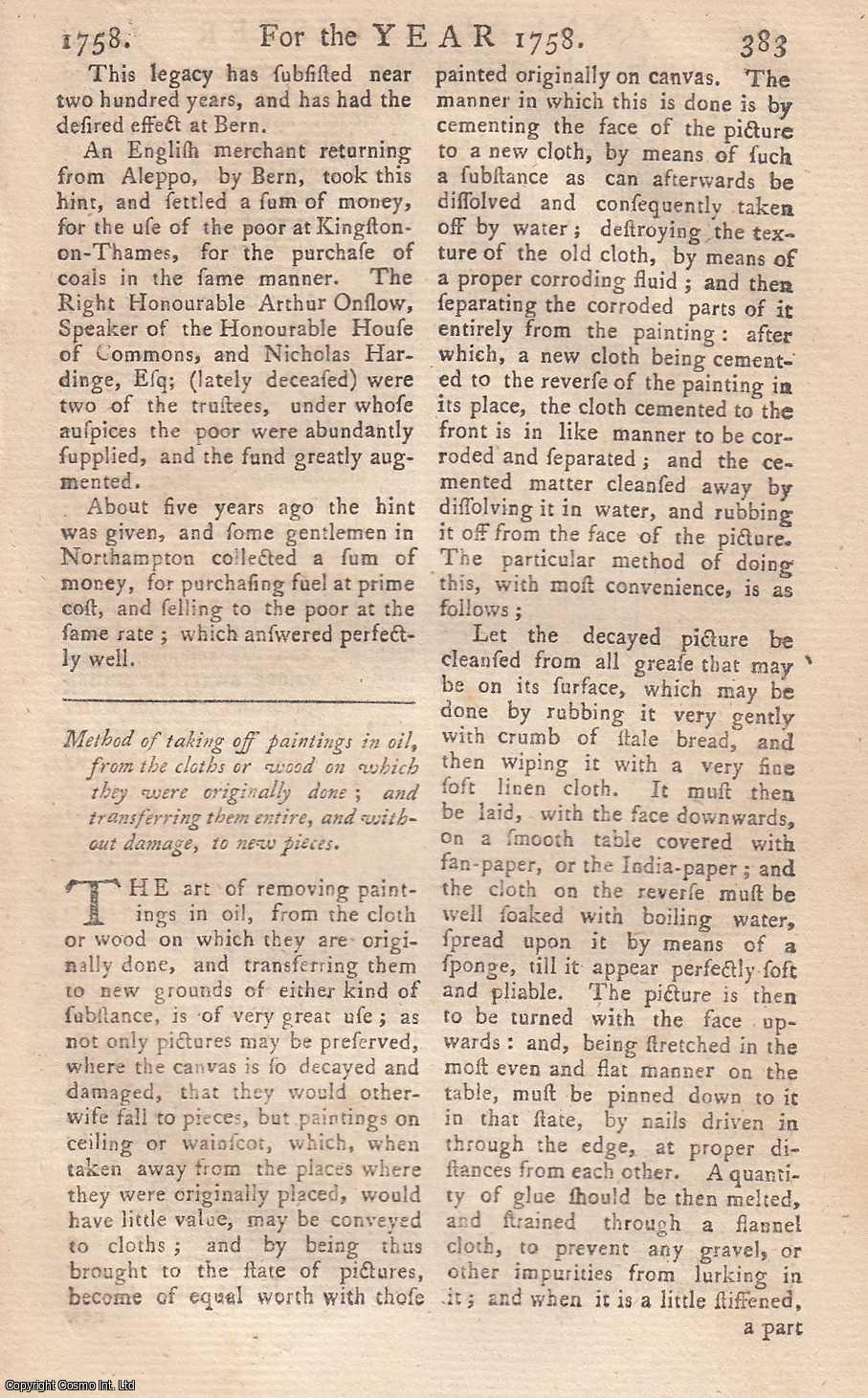 Edmund Burke - Method of taking off paintings in oil, from the cloths or wood on which they were originally done; and transferring them entire, and without damage, to new pieces. An original article from the Annual Register for 1758.