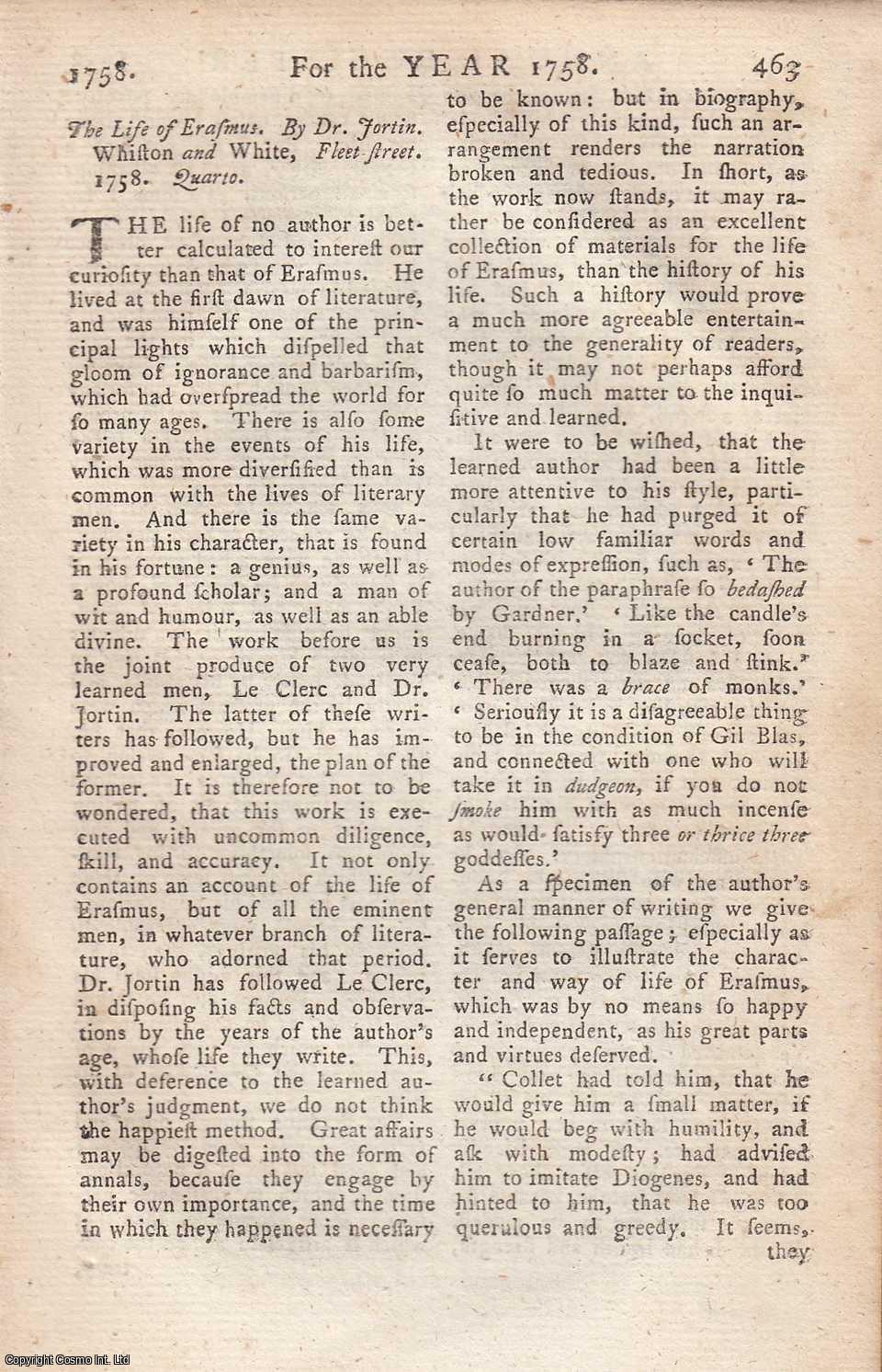 Edmund Burke - The Life of Erasmus. By Dr. Jortin. An original article from the Annual Register for 1758.