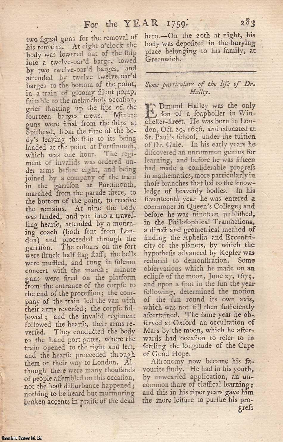 Edmund Burke - Some particulars of the life of Dr. [Edmund] Halley. An original article from the Annual Register for 1759.
