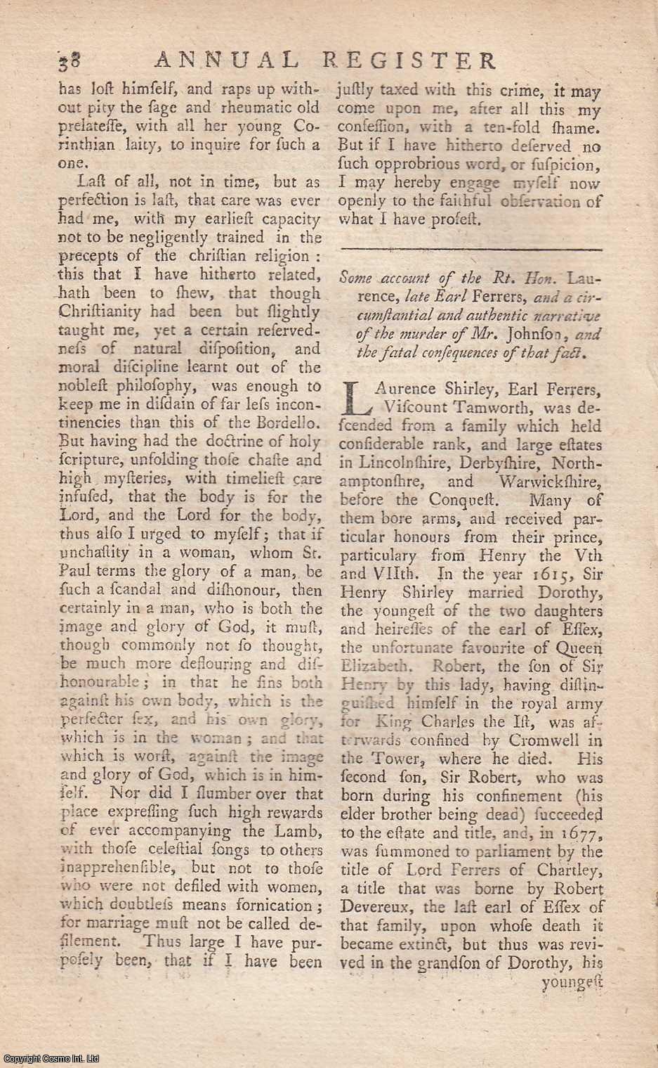 Edmund Burke - The Rt. Hon. Laurence, late Earl Ferrers, and a circumstantial and authentic narrative of the murder of Mr. Johnson, and the fatal consequences of that fact. An original article from the Annual Register for 1760.
