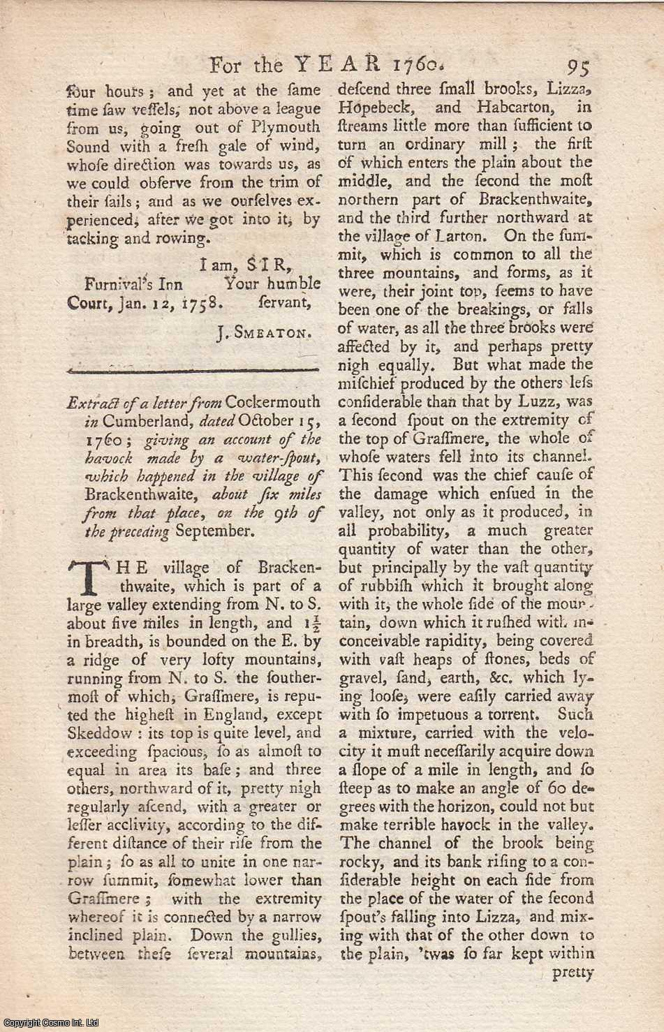 Robert Dixon - Extract of a letter from Cockermouth in Cumberland, dated October 15, 1760; giving an account of a water-spout, which happened in the village of Brackenthwaite, about six miles from that place, on the 9th of the preceding September. An original article from the Annual Register for 1760.