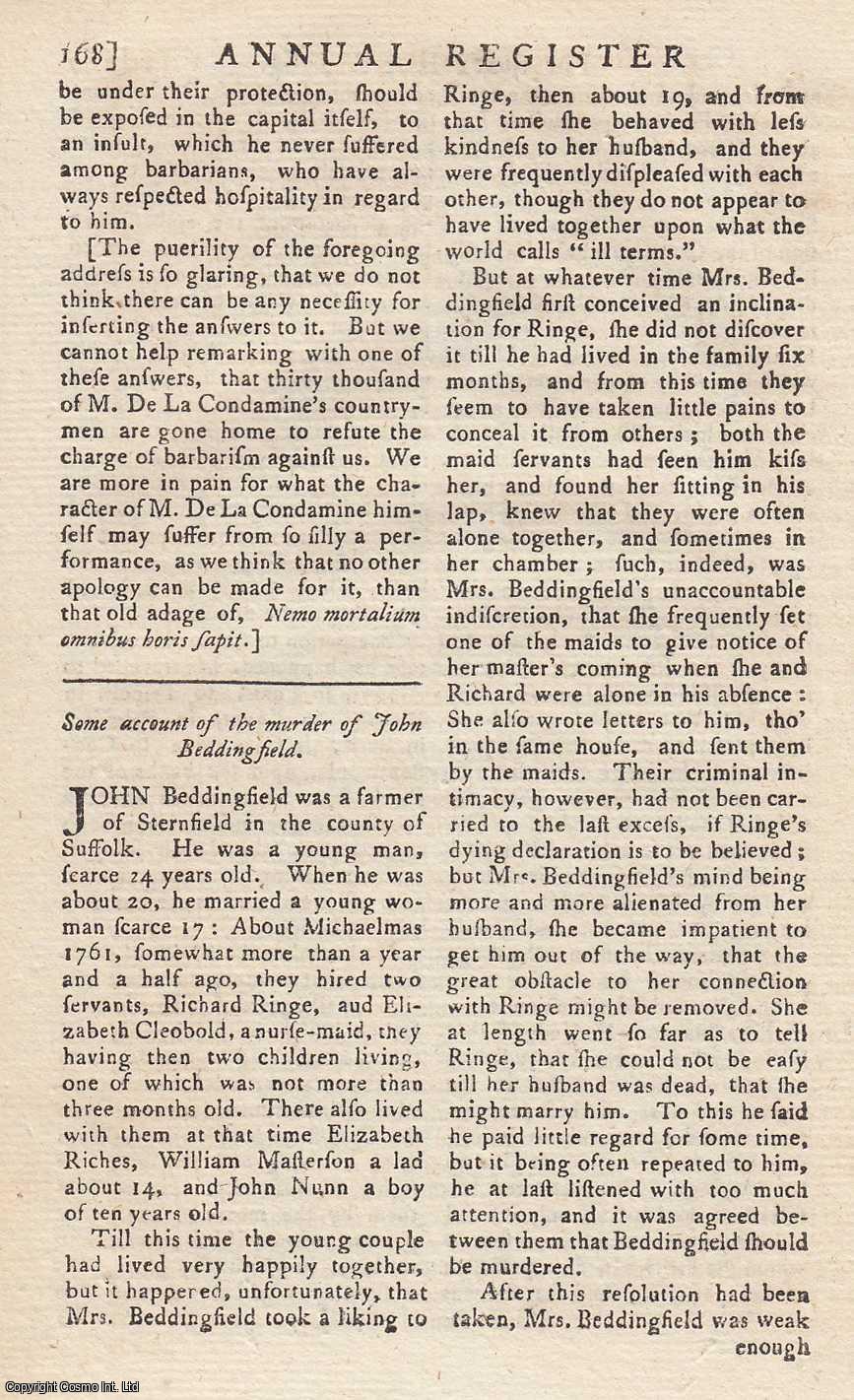 Edmund Burke - The murder of John Beddingfield [of Sternfield, Suffolk]. An original article from the Annual Register for 1763.