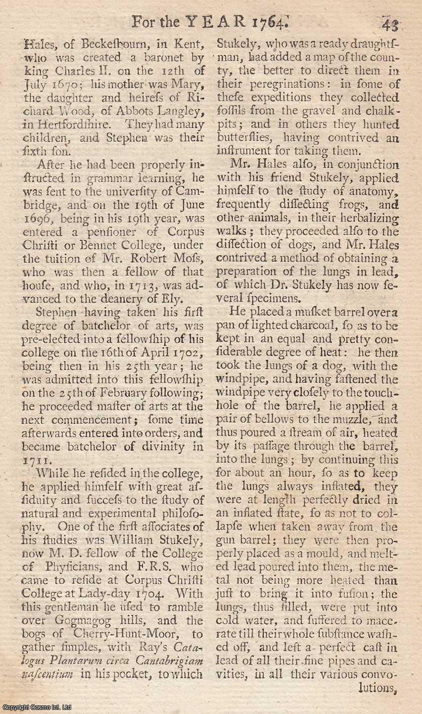 P. Collinson - The life of the late excellent and eminent Stephen Hales, D.D., FRS. An original article from the Annual Register for 1764.