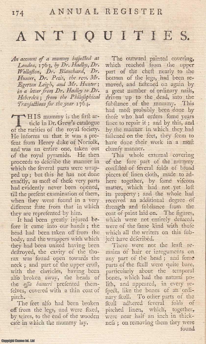 Dr Hadley - A mummy inspected at London, 1763, by Dr Hadley, Dr Wollaston.... An original article from the Annual Register for 1765.