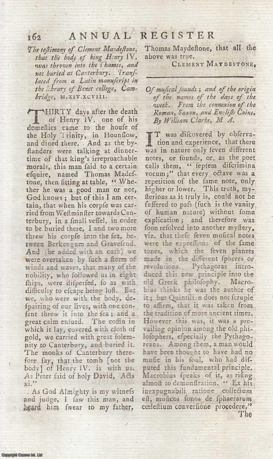 William Clarke - Of musical sounds; and of the origin of the names of the days of the week. From the connexion of the Roman, Saxon, and English Coins. An original article from The Annual Register for 1767.