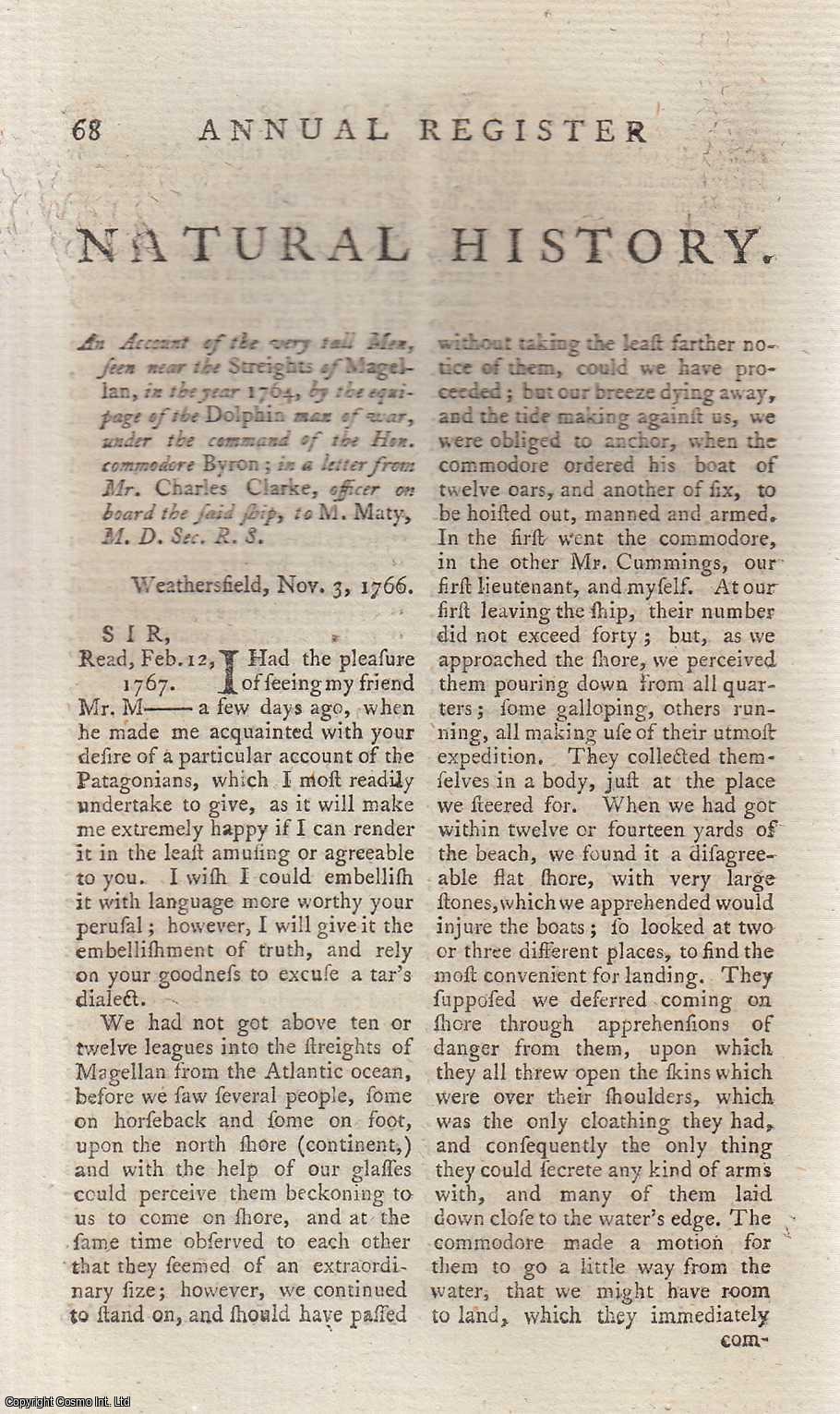 Charles Clarke - The very tall Men, seen near the Streights of Magellan, in the year 1764, by the equipage of the Dolphin man of way, under the command of the Hon. Commodore Byron. An original article from The Annual Register for 1768.