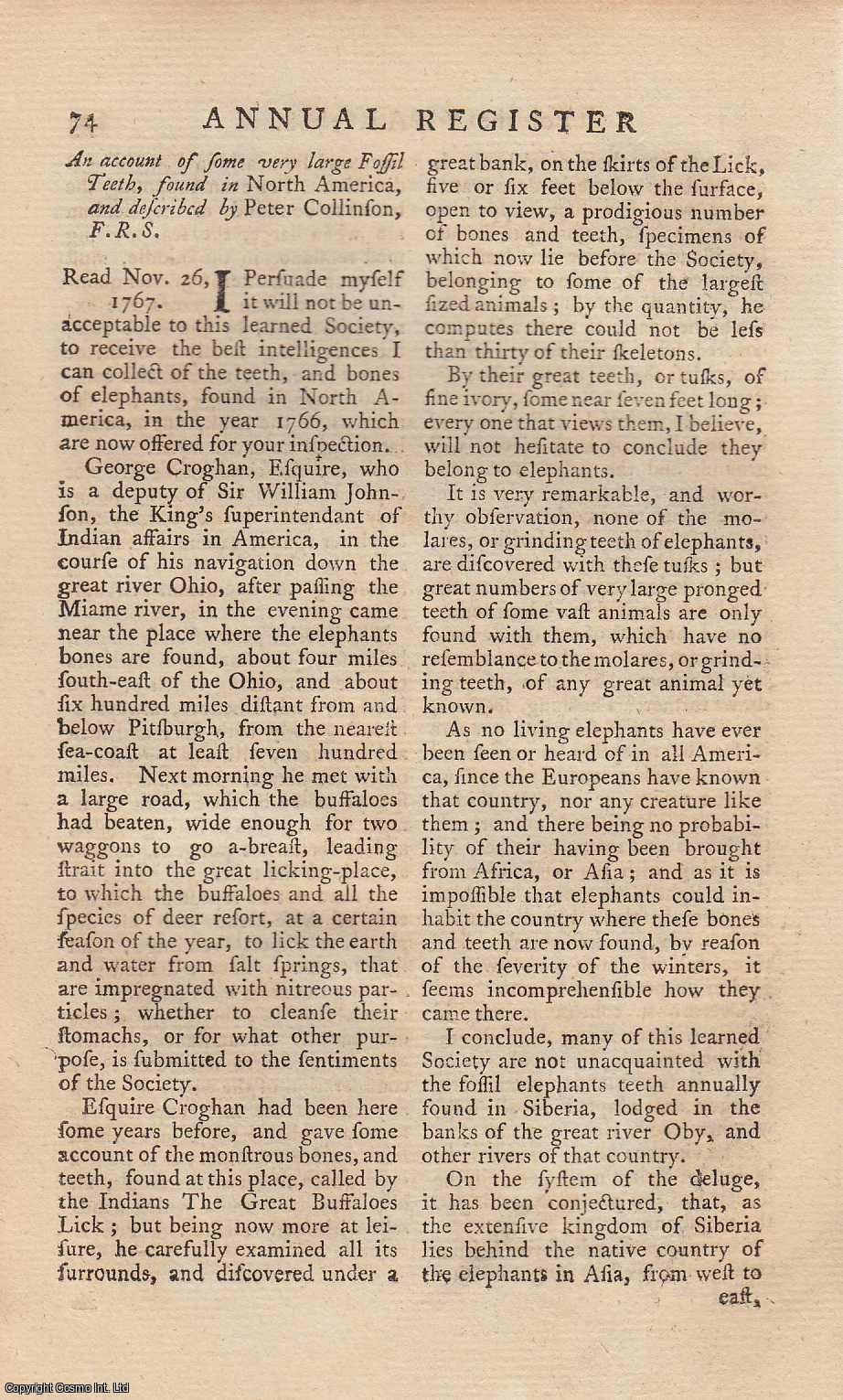 Peter Collinson - Some very large Fossil Teeth, found in North America. An original article from The Annual Register for 1768.