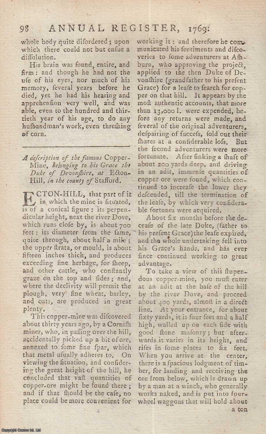 Efford, William - A description of the famous Copper-Mine, belonging to his Grace, the Duke of Devonshire, at Ecton-Hill, in the county of Stafford. An original article from The Annual Register for 1769.