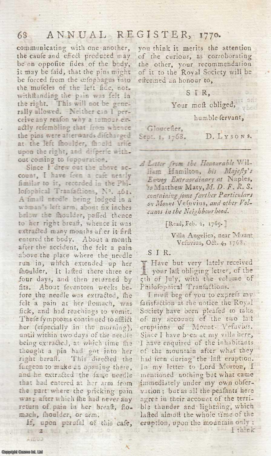 William Hamilton - A Letter to Matthew Maty containing some further Particulars on Mount Vesuvius, and other Volcanoes in the Neighbourhood. An original article from The Annual Register for 1770.