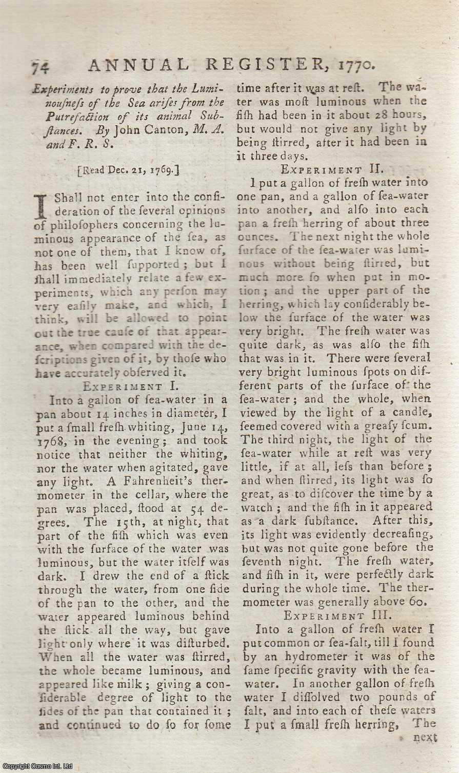 John Canton - Experiments to prove that the Luminousness of the Sea arises from the Putrefaction of its animal Substances. An original article from The Annual Register for 1770.