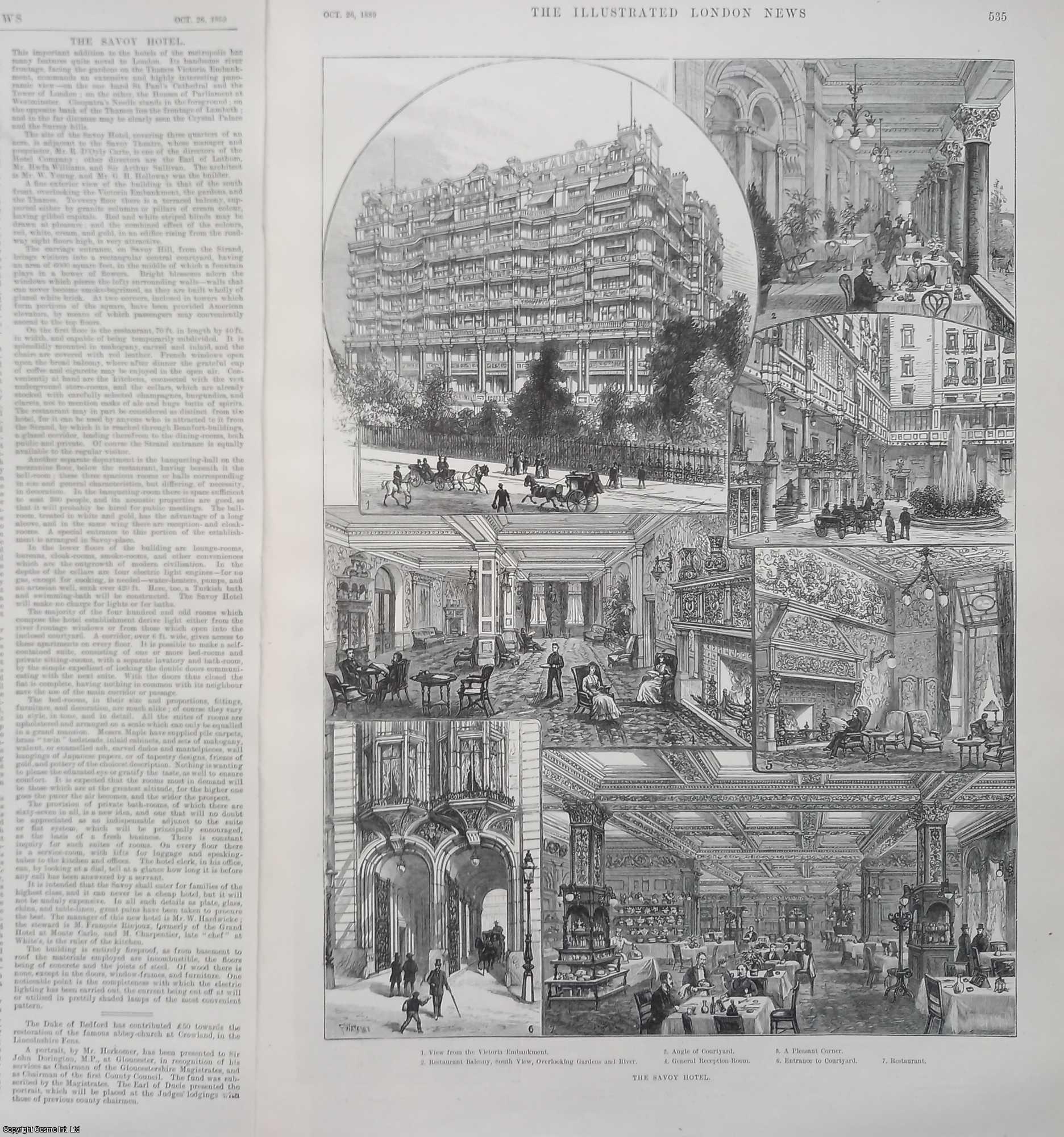 SAVOY HOTEL - The Savoy Hotel. A full page woodcut engraving with accompanying text, from the Illustrated London News, 1889.