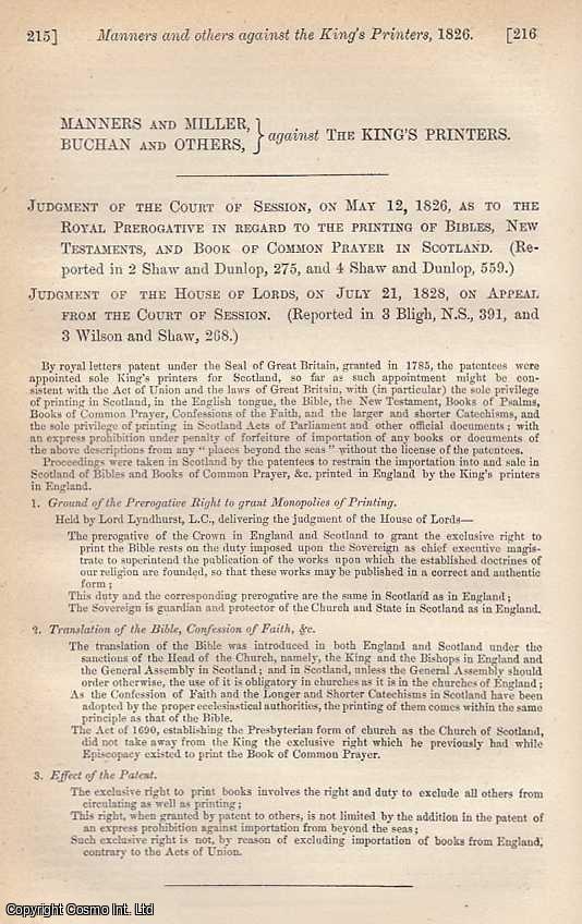 [Trial] - Manners and Miller, Buchan and Others, against the King's Printer [Publishing Prohibition]. An original printing from the Reports of State Trials.