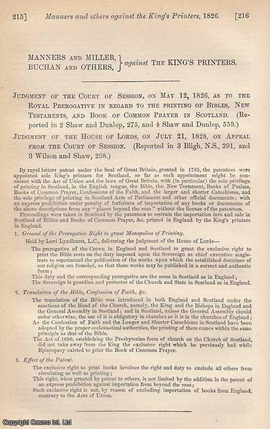 TRIAL - Manners and Miller, Buchan and Others, against the King's Printer [Publishing Prohibition]. An original printing from the Reports of State Trials.