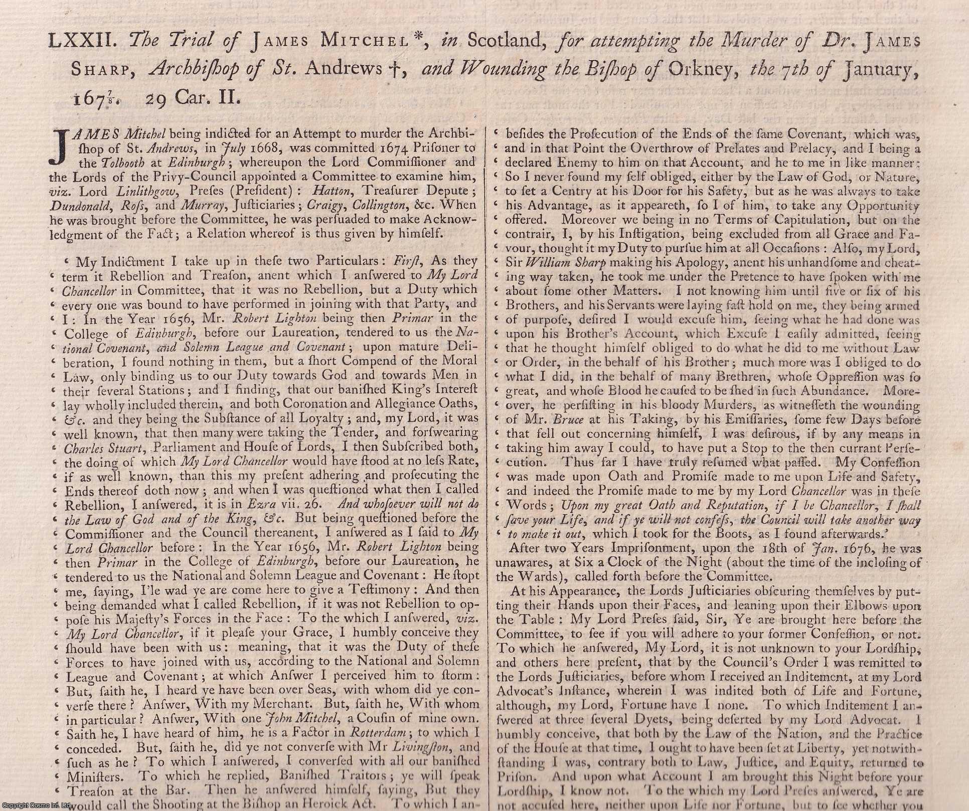 [Trial] - The Trial of James Mitchel, in Scotland, for attempting the Murder of Dr James Sharp, Archbishop of St Andrews, and actually wounding the Bishop of Orkney, the 7th of January, 1678. An original article from the Collected State Trials.