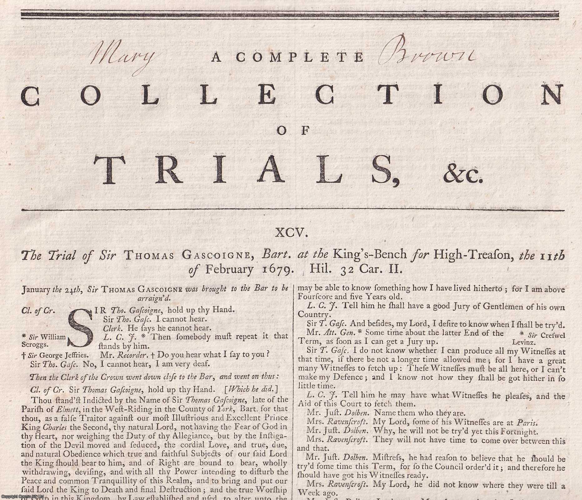 [Trial] - POPISH PLOT. The Trial of Sir Thomas Gasgoigne, at The King's Bench For High Treason, 1679. An original article from the Collected State Trials.