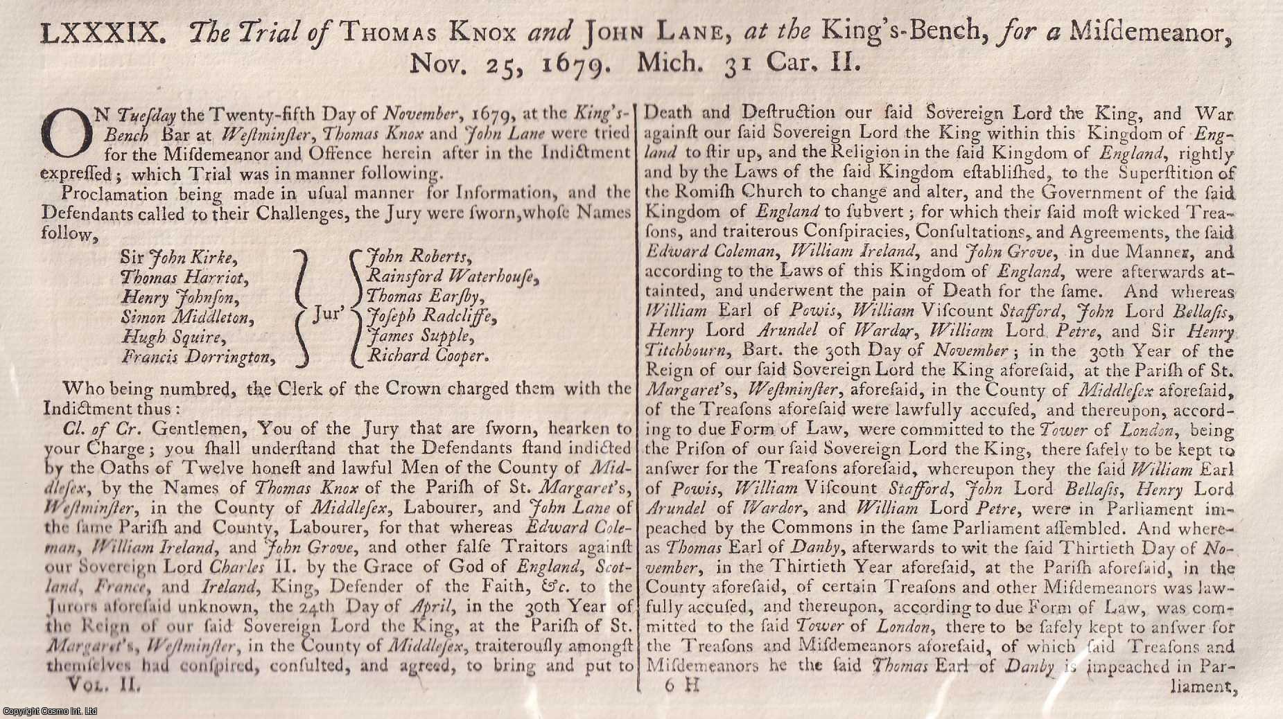 [Trial] - The Trial of Thomas Knox and John Lane, at the King's Bench, for a Misdemeanor, November 25, 1679. An original article from the Collected State Trials.