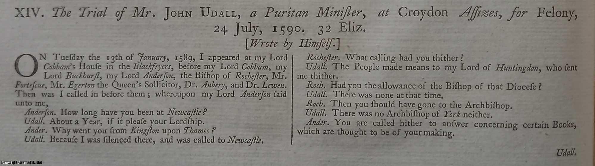[Trial] - The Trial of Mr John Udall, a Puritan Minister, at Croydon Assizes, for Felony, 24 July 1590. An original article from the Collected State Trials.