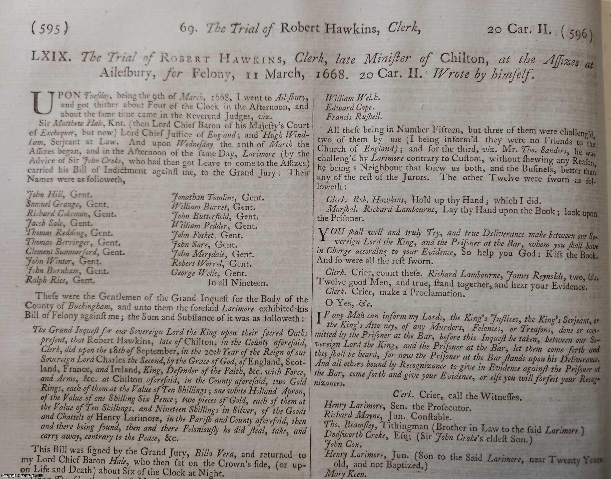 [Trial] - The Trial of Robert Hawkins, Clerk, Late Minister of Chilton, at The Assizes at Aylesbury, For Felony, 1668. An original article from the Collected State Trials.