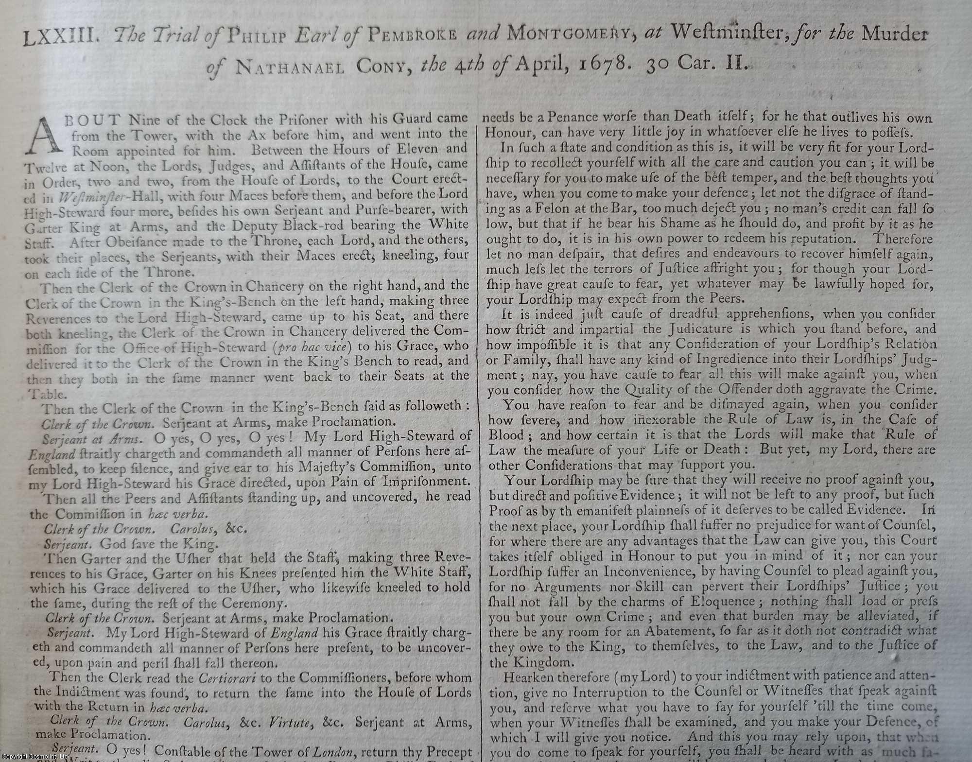 [Trial] - The Trial of Philip, Earl of Pembroke and Montgomery, at Westminster, for the Murder of Nathanael Cony, the 4th of April, 1678. An original article from the Collected State Trials.
