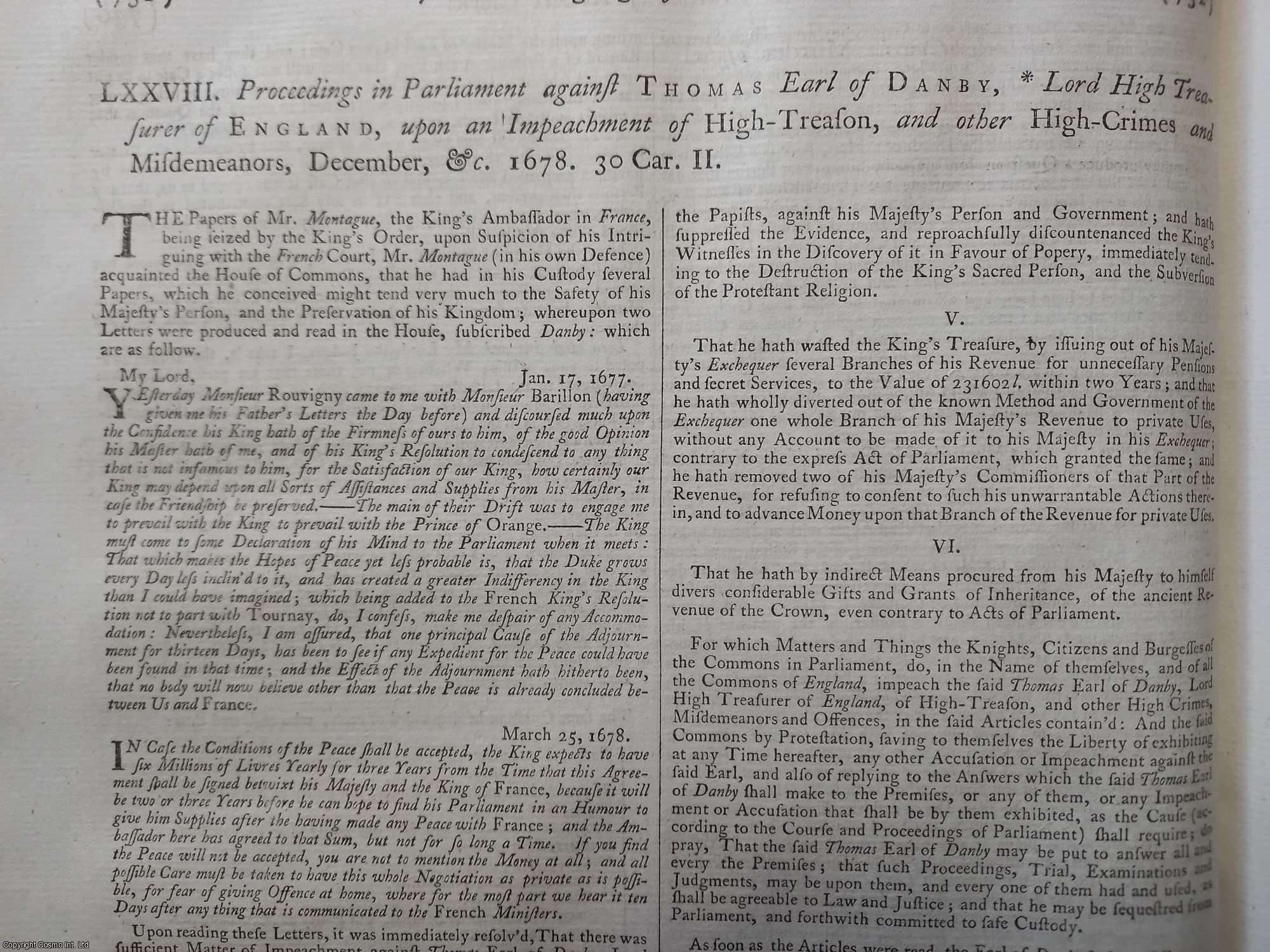 [Trial] - Articles of Impeachment of High Treason, and other High Crimes and Misdemeanours, against Thomas Earl of Danby, Lord High Treasurer of England, 1678. An original article from the Collected State Trials.