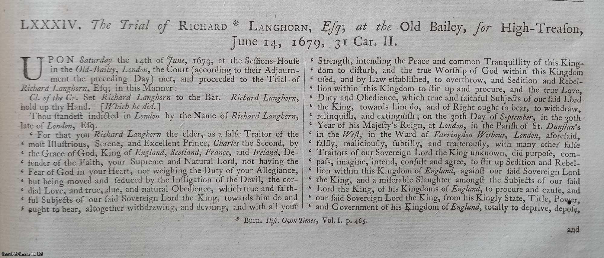[Trial] - The Trial of Richard Langhorn, esq. at the Old Bailey, for High Treason, June 14, 1679. An original article from the Collected State Trials.