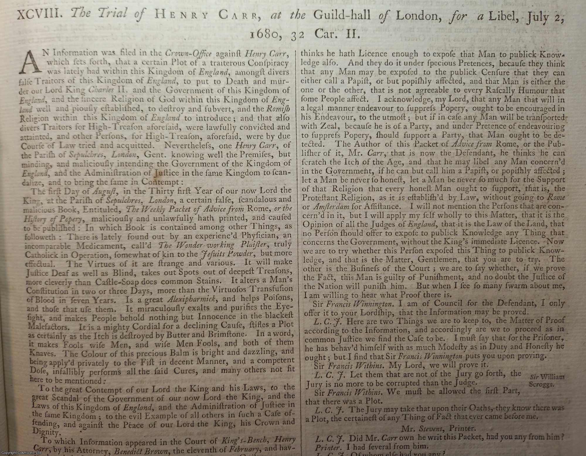 [Trial] - The Trial of Henry Carr, on an Information for publishing a false and scandalous Libel, at Guildhall London, 1680. An original article from the Collected State Trials.