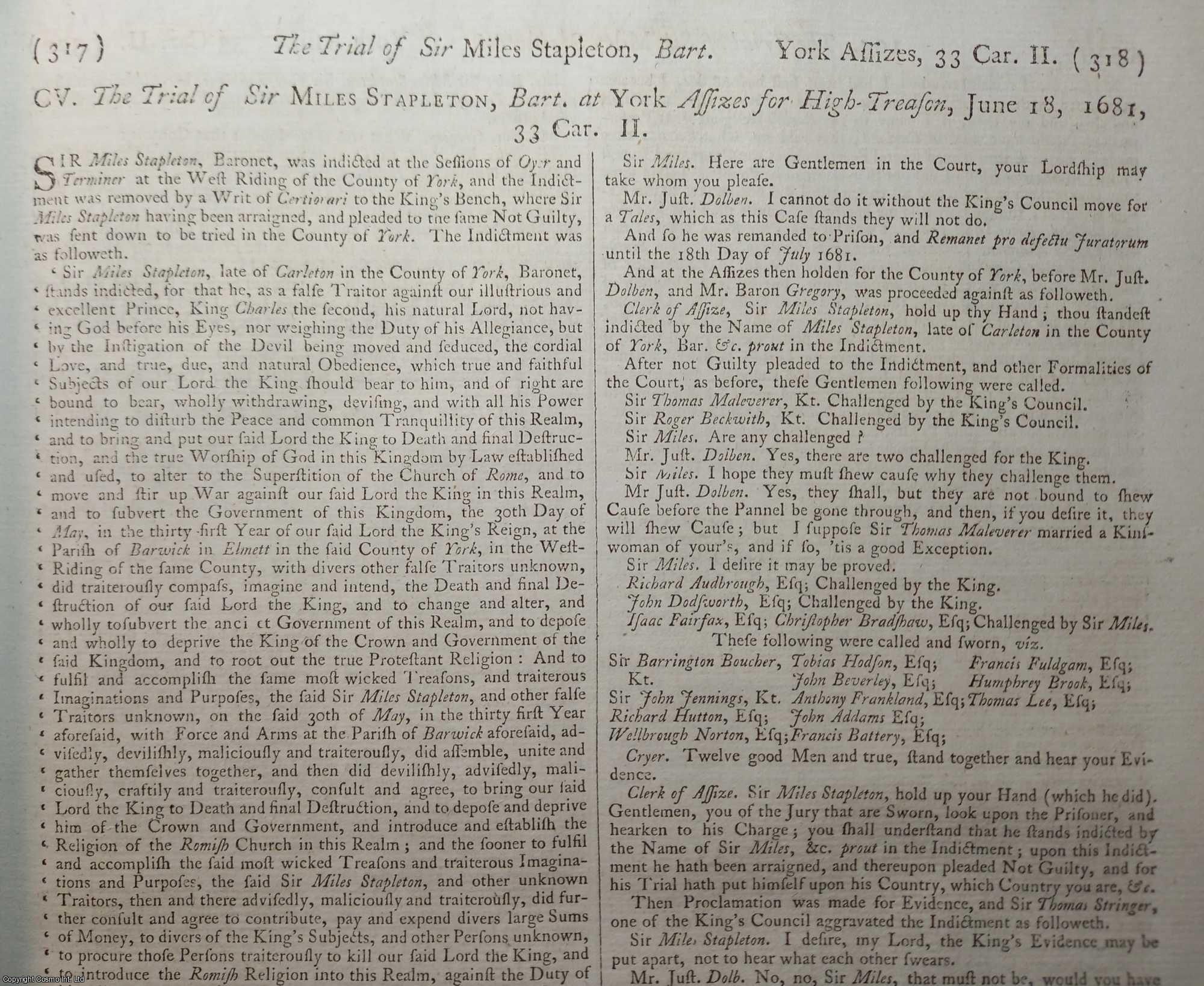 [Trial] - The Trial of Sir Miles Stapleton, at York Assizes, for High Treason, 1681. An original article from the Collected State Trials.