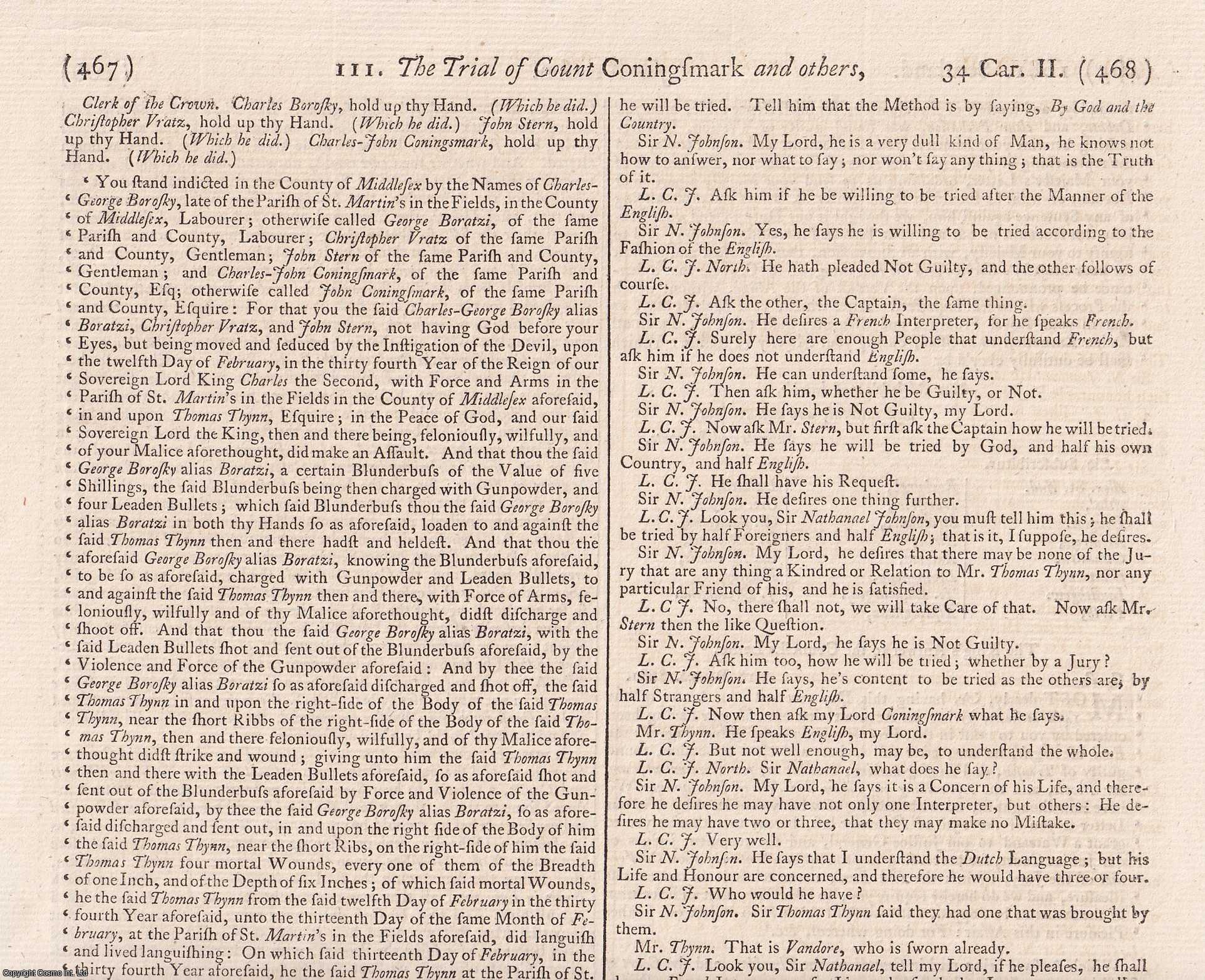 [Trial] - The Trial of George Borosky alias Boratzi, Christopher Uratz, and John Stern, and Charles-John Count Coningsmark, at the Old Bailey, for the Murder of Thomas Thynn, Esq, February 28, 1681. An original article from the Collected State Trials.