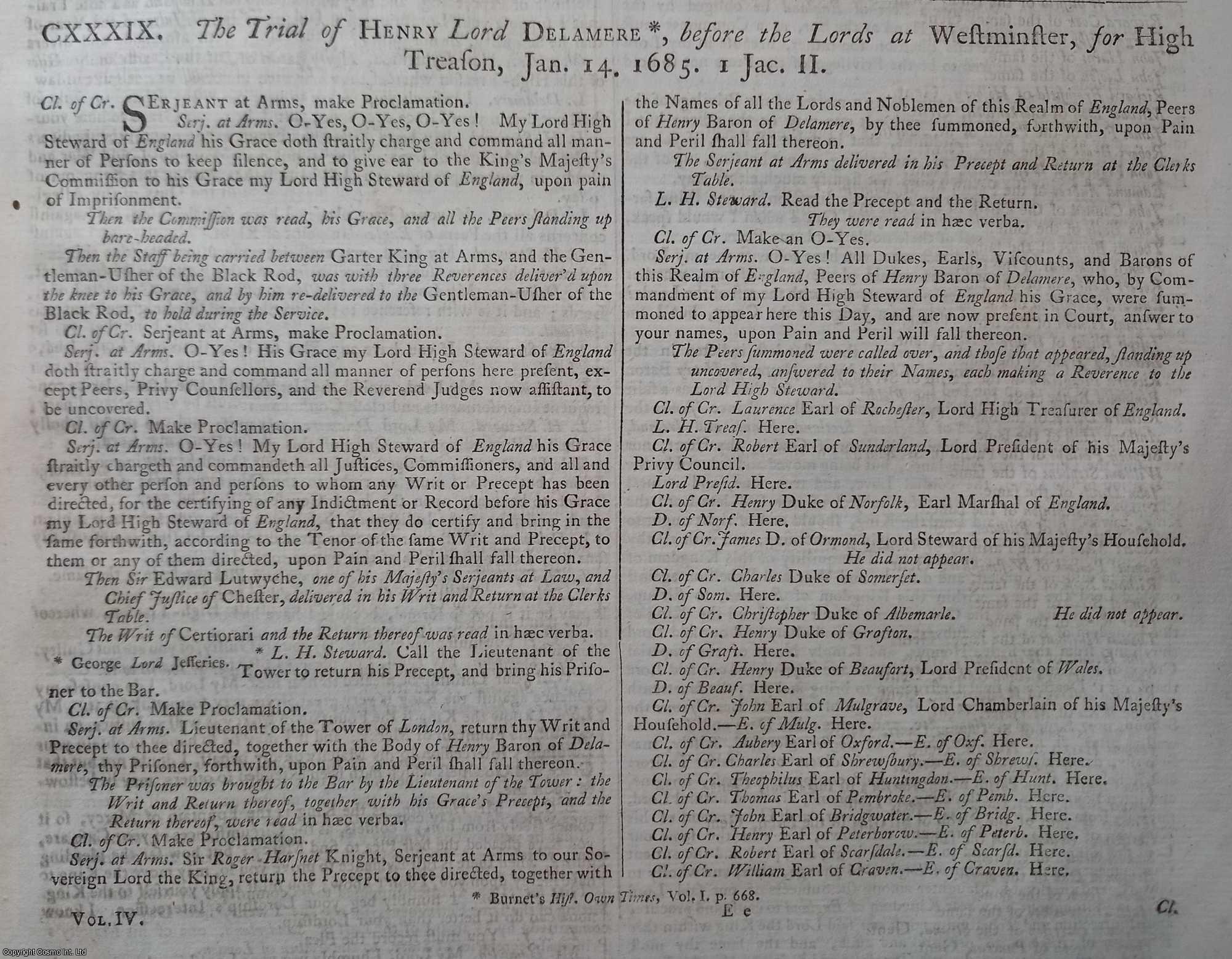 [Trial] - The Trial of Henry, Lord Delamere, for High Treason, in being concerned in Monmouth's Conspiracy, 1685. An original article from the Collected State Trials.