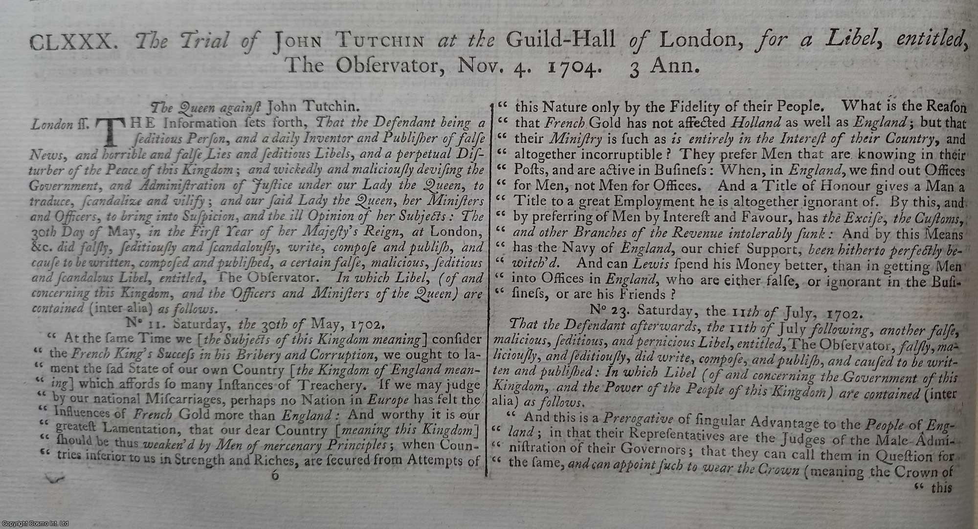 [Trial] - The Trial of John Tutchin, on an Information for a Libel, called The Observator, at Guildhall, 4th Nov, 1704. An original article from the Collected State Trials.