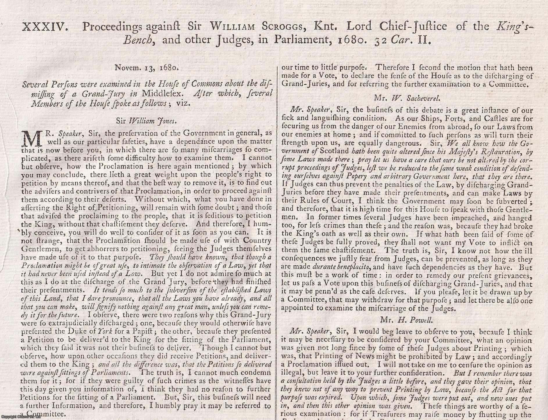 [Trial] - POPISH PLOT. Articles of High Misdemeanours, humbly offered and presented to the Consideration of his most Sacred Majesty, and his Honourable Privy Council, against Sir William Scroggs, Lord Chief Justice of the King's Bench. An original article from the Collected State Trials.