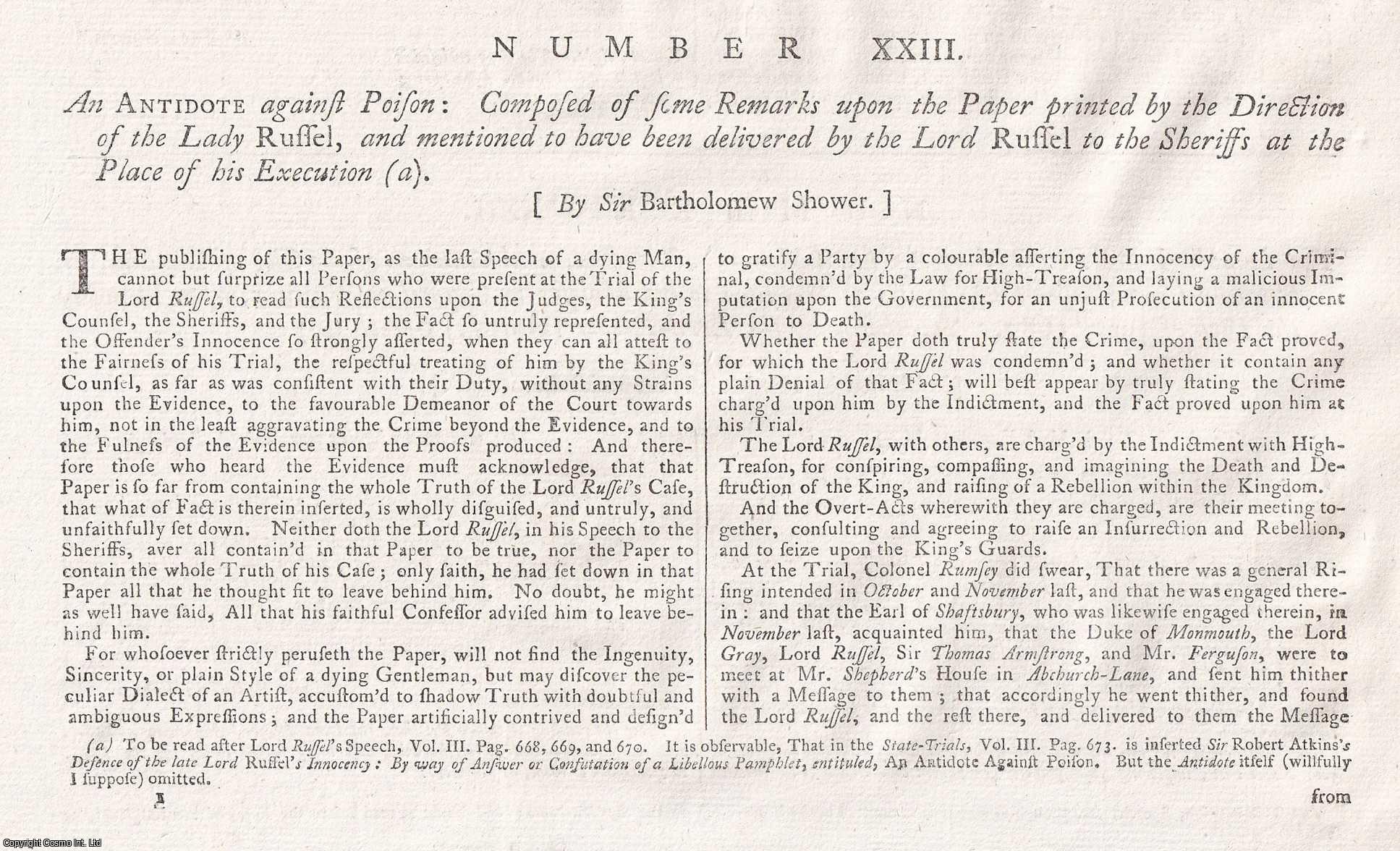 [Trial] - RYE HOUSE PLOT. An Antidote against Poison: Composed of some Remarks upon the Paper printed by the Direction of the Lady Russel, and mentioned to have been delivered by the Lord Russel to the Sheriffs at the Place of his Execution. By Sir Bartholomew Shower. 1683. An original article from the Collected State Trials.