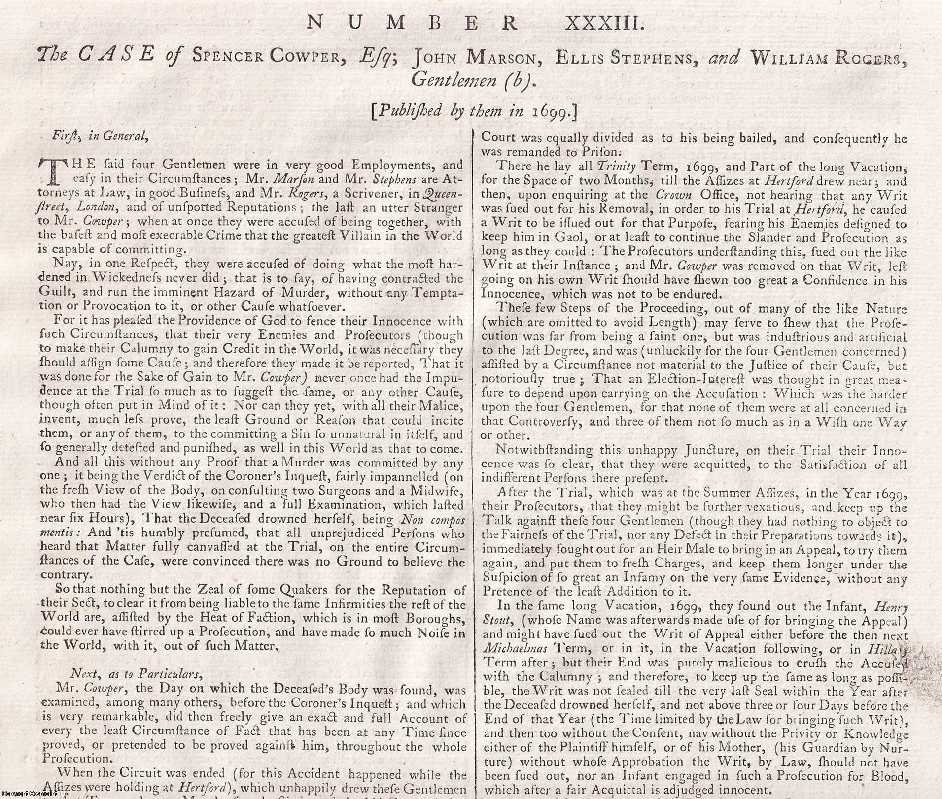 [Trial] - MURDER OF SARAH STOUT. The Case of Spencer Cowper, Esq; John Marson, Ellis Stephens, and William Rogers, Gentlemen. 1699. An original article from the Collected State Trials.